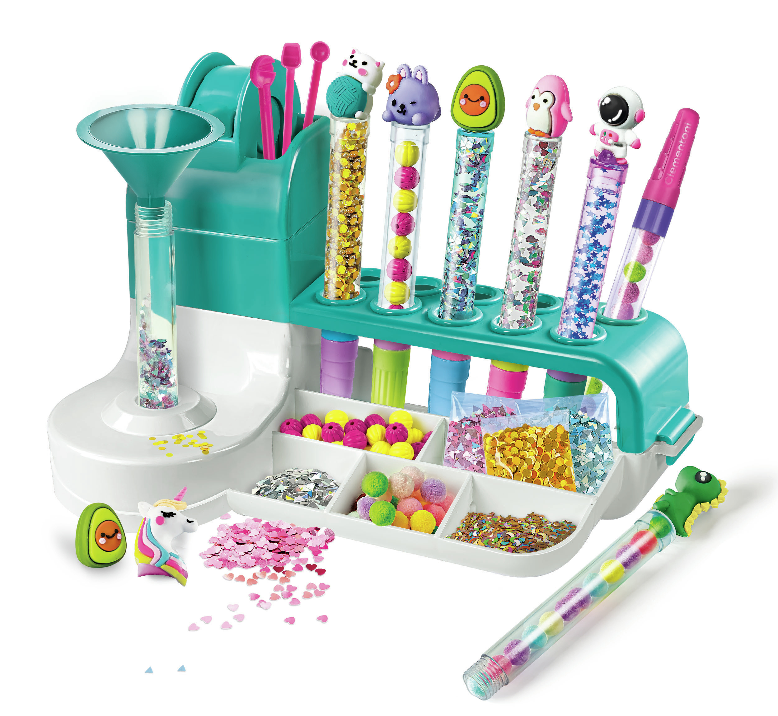 Un kit creativo con tubi, glitter, perline e figure carine come unicorno e avocado.