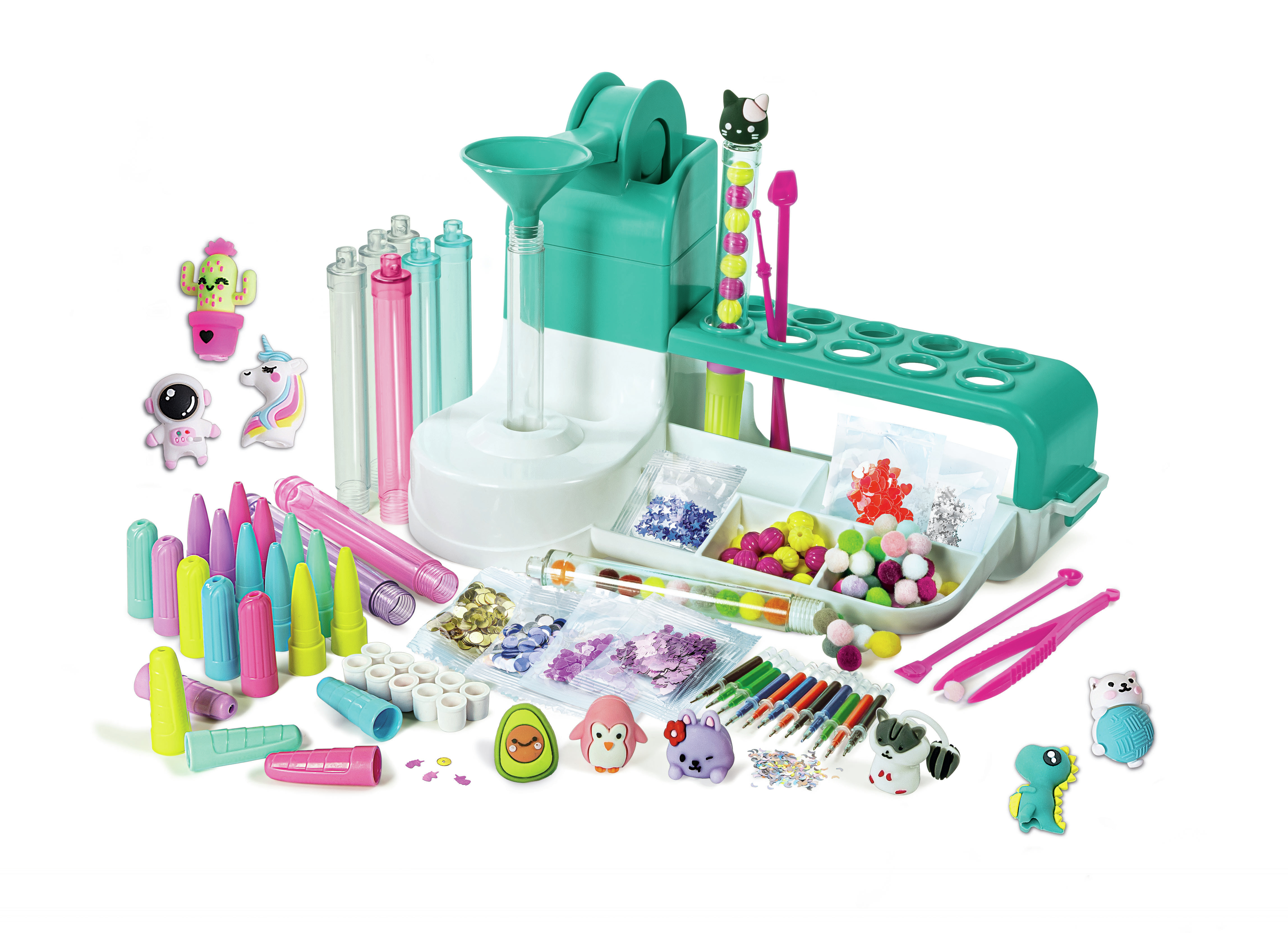 Kit creativo con imbuto, tubi, perline, glitter e figure carine.