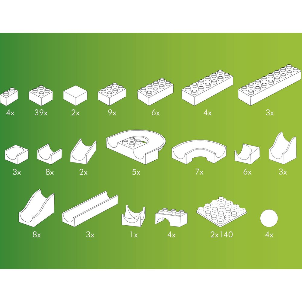 Illustration de diverses briques Lego et pièces courbes en différentes quantités.