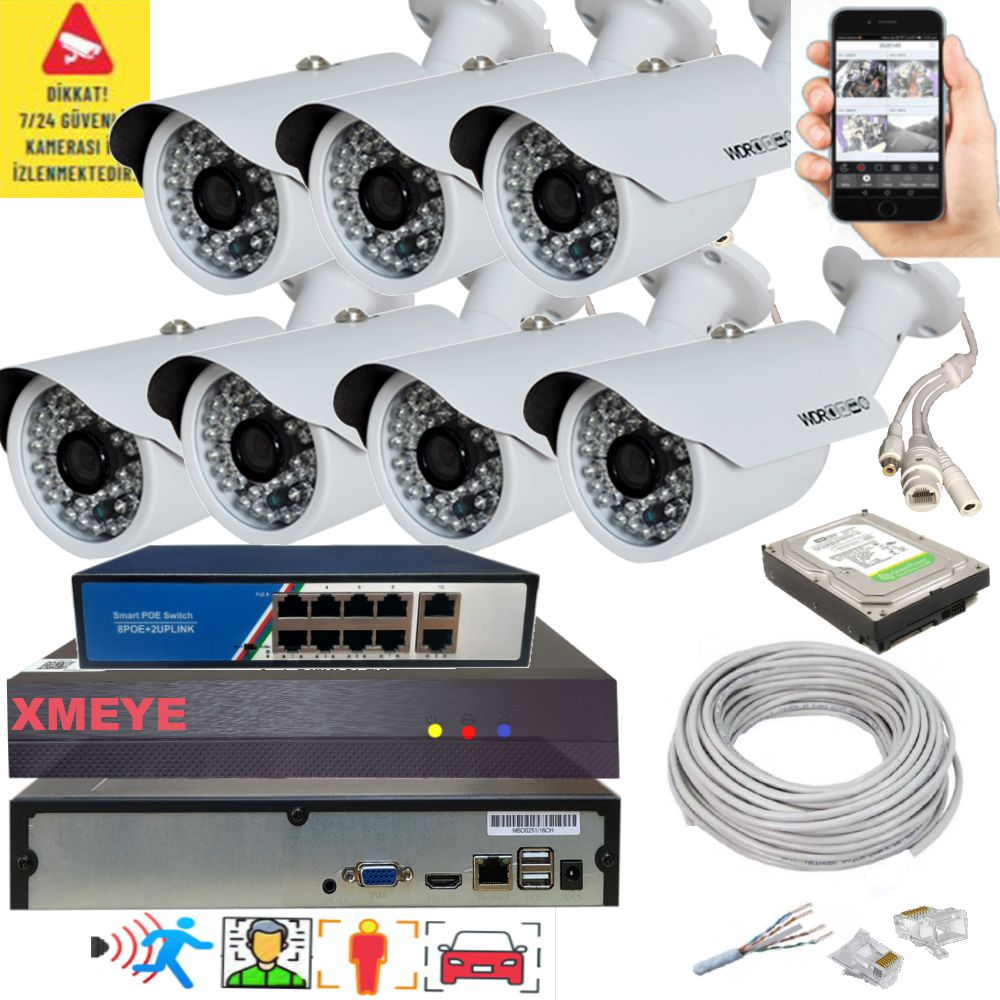 NVR, switch, sabit disk, kablolar ve mobil uygulama içeren güvenlik kamerası seti.