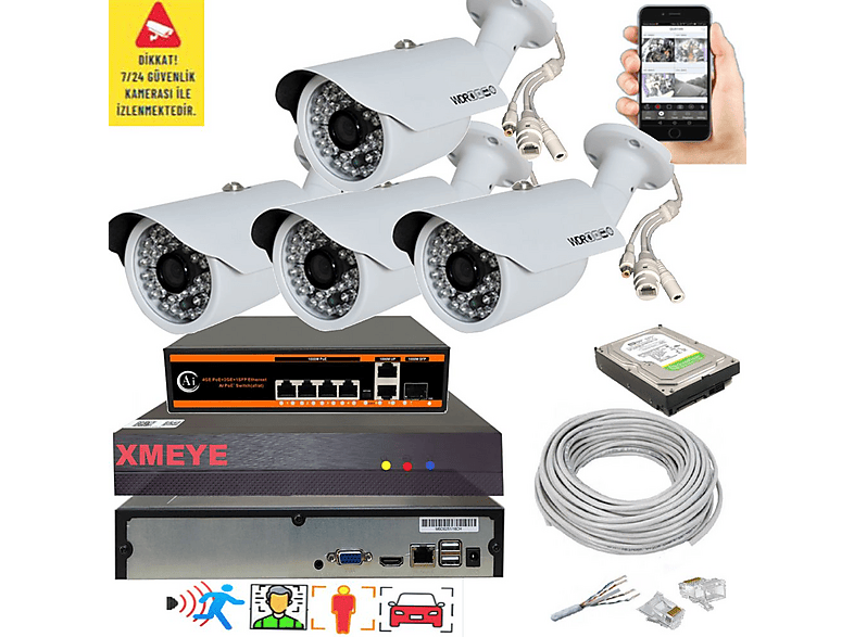 BISES 4'lü Yapay Zeka Destekli 5 MP 1940P Görüntü POE Bağlantılı 48 Ir Led Gece Görüş 748P IP Kamera Seti Beyaz