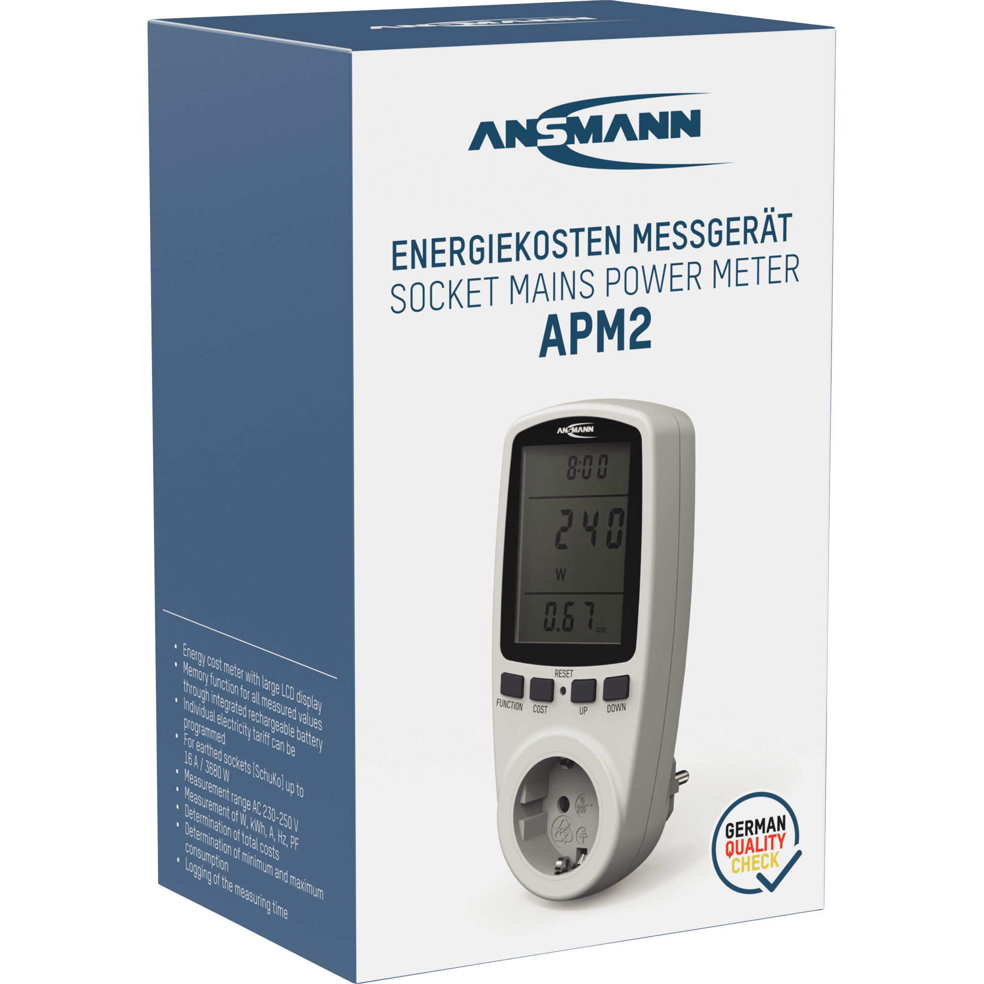 Confezione di un misuratore di energia ANSMANN APM2, con dettagli del dispositivo.