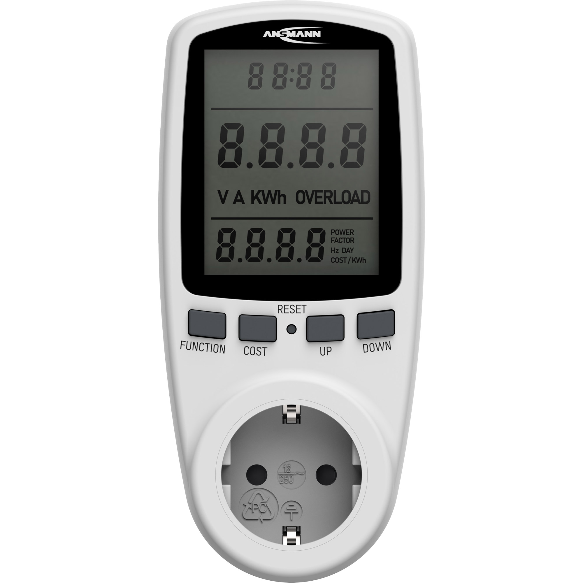 Un misuratore di corrente bianco con display digitale e presa elettrica.