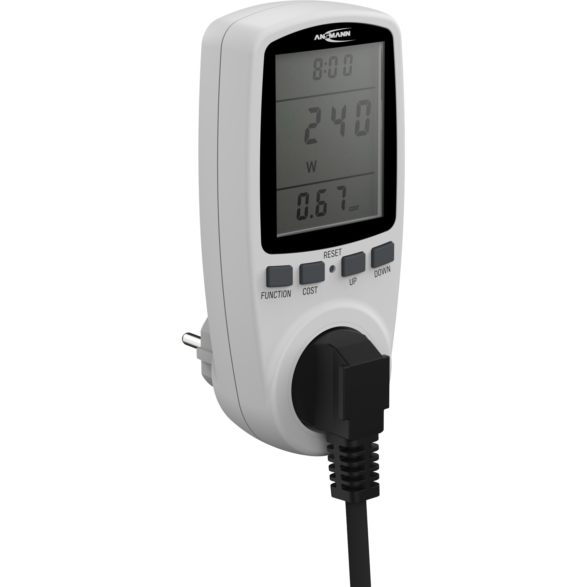 Un misuratore di elettricità bianco con spina e cavo neri.