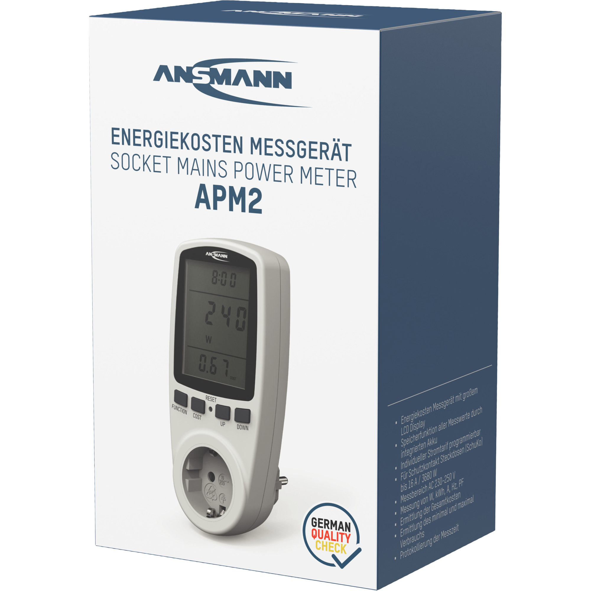 Misuratore di consumo Ansmann APM2 con display LCD e presa.