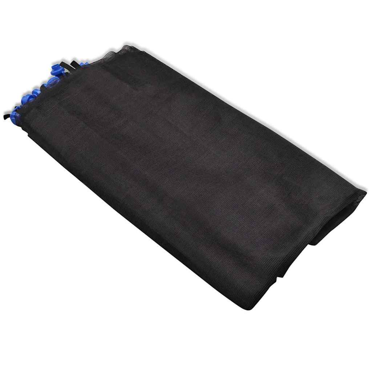 Una rete di sicurezza nera per trampolino con anelli di fissaggio blu, su sfondo bianco.