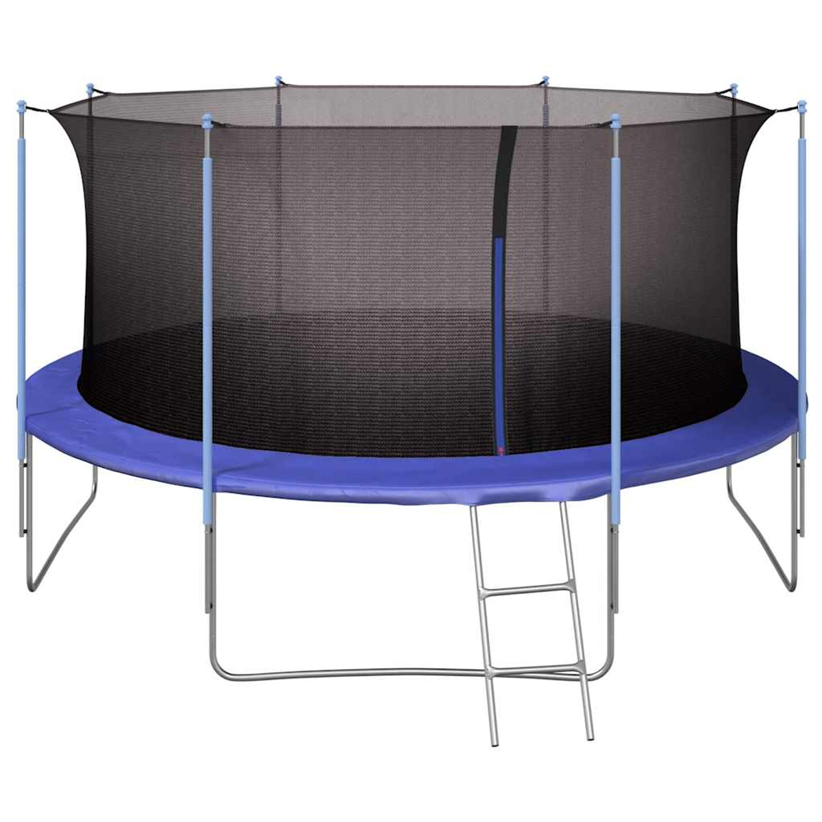 Viene mostrato un trampolino blu con rete di sicurezza nera e scala argentata.