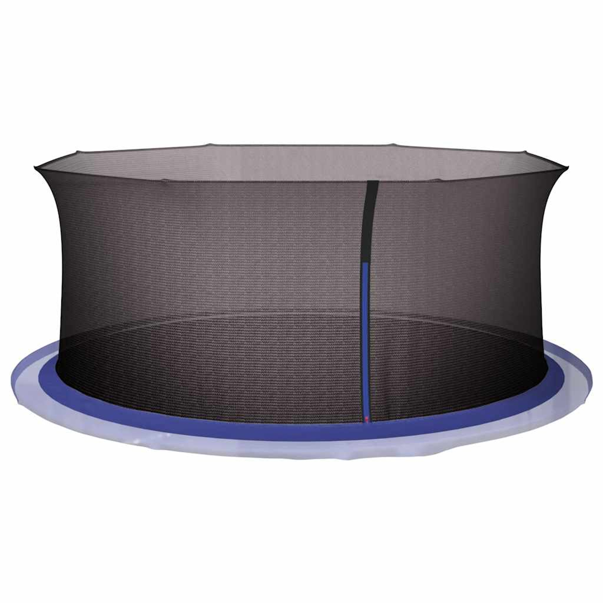 Un trampolino rettangolare con rete di sicurezza nera e imbottitura blu.