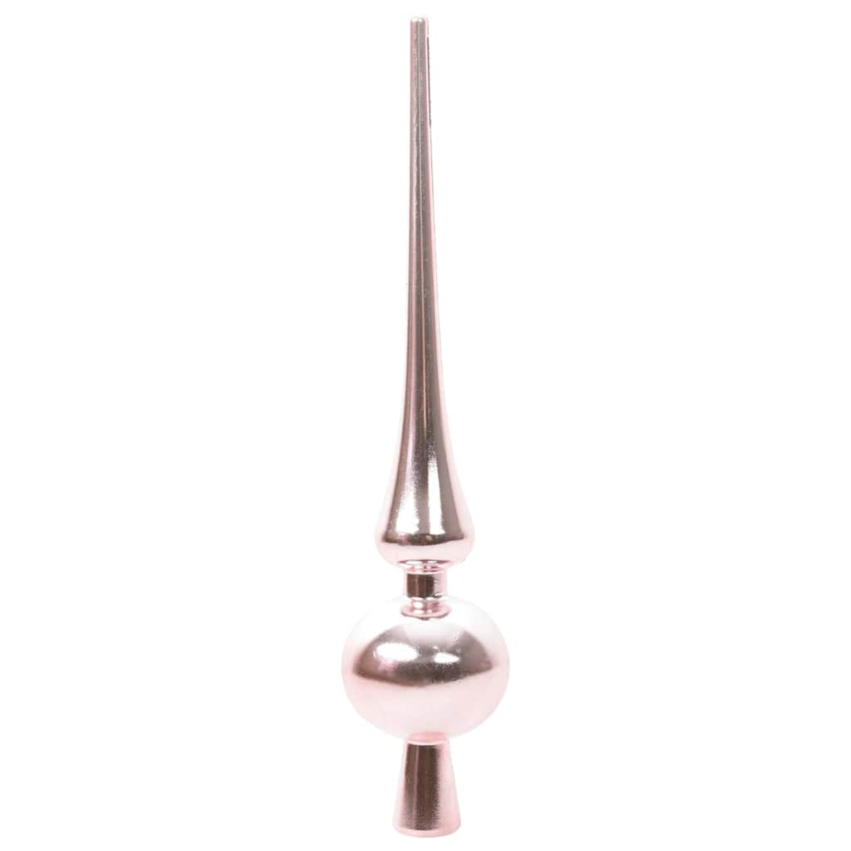 Un puntale per albero color oro rosa con sfera e forma a punta.