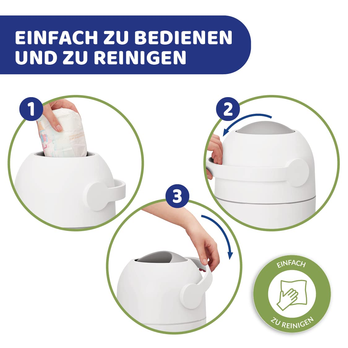 Schritt-für-Schritt-Anleitung für einen Windeleimer: Windel einlegen, Deckel schließen, Griff öffnen.
