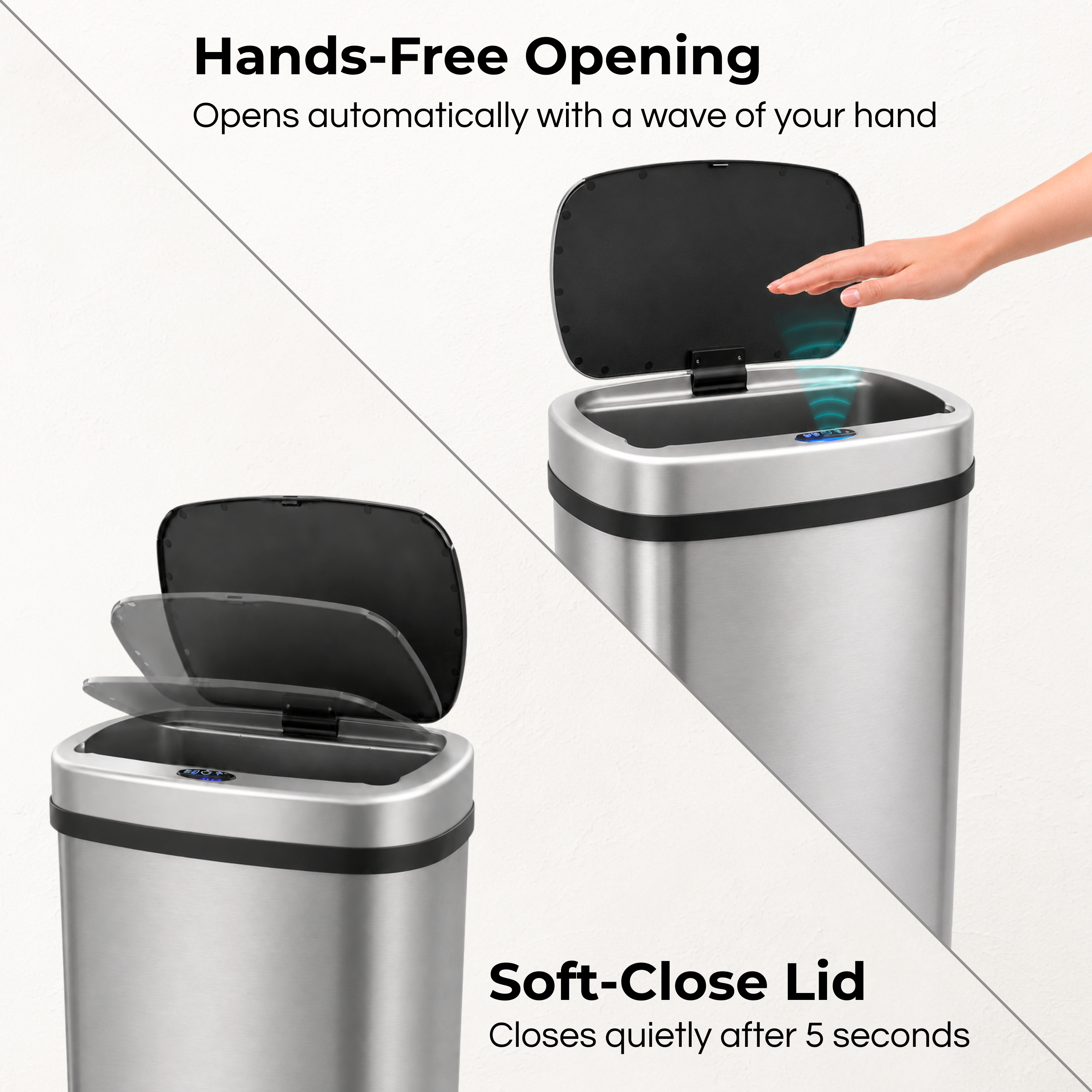 RVS prullenbak met handsfree opening en soft-close deksel.