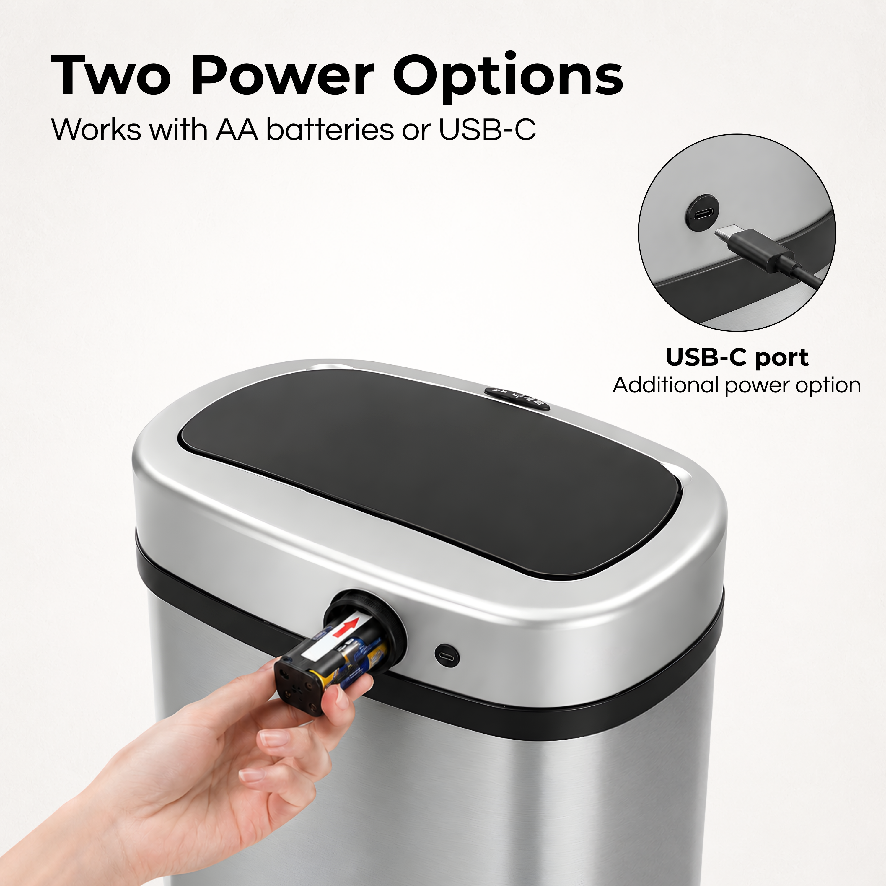 Stijlvolle prullenbak met twee stroomopties: batterijen of USB-C.