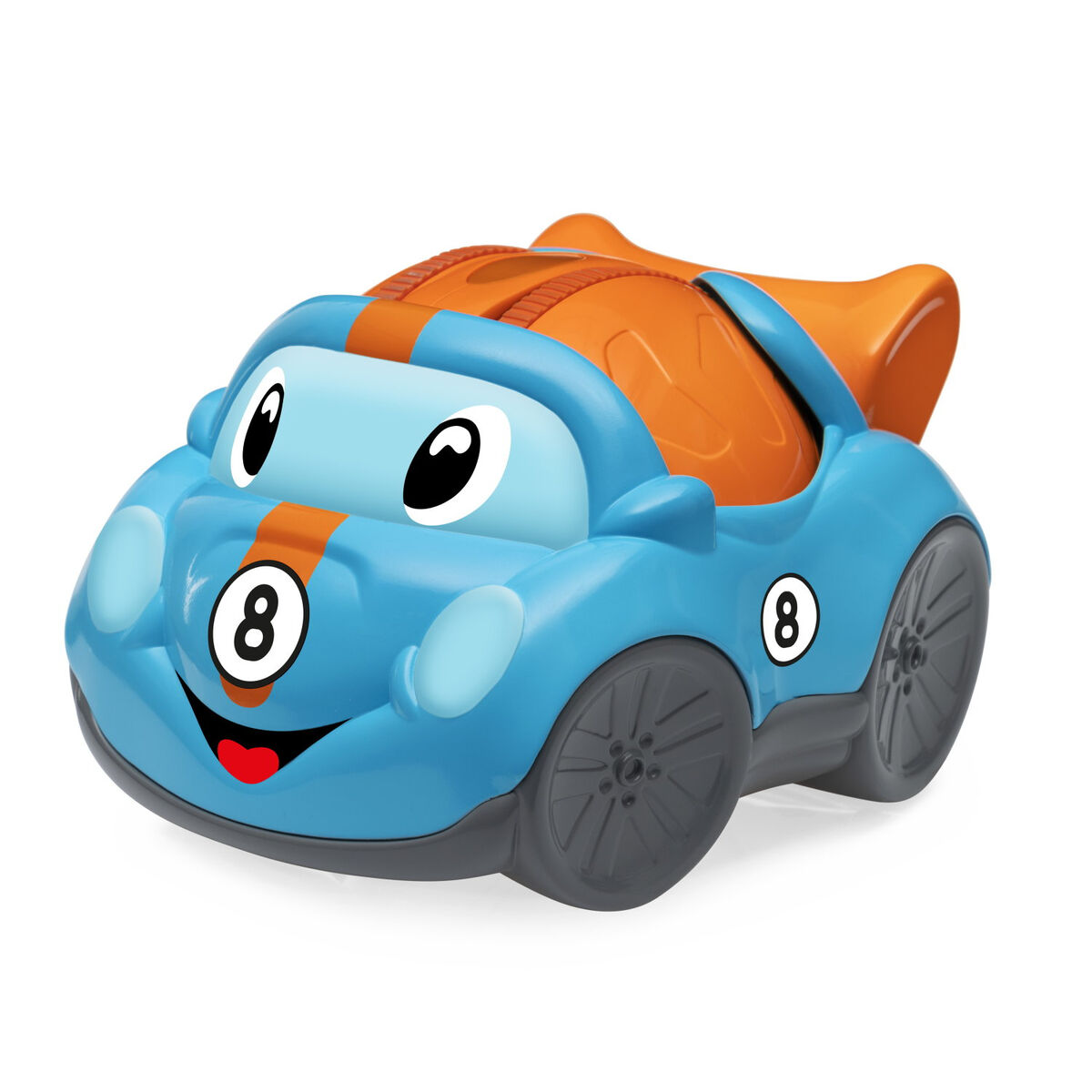 Un coche de juguete azul con detalles naranjas y el número 8.