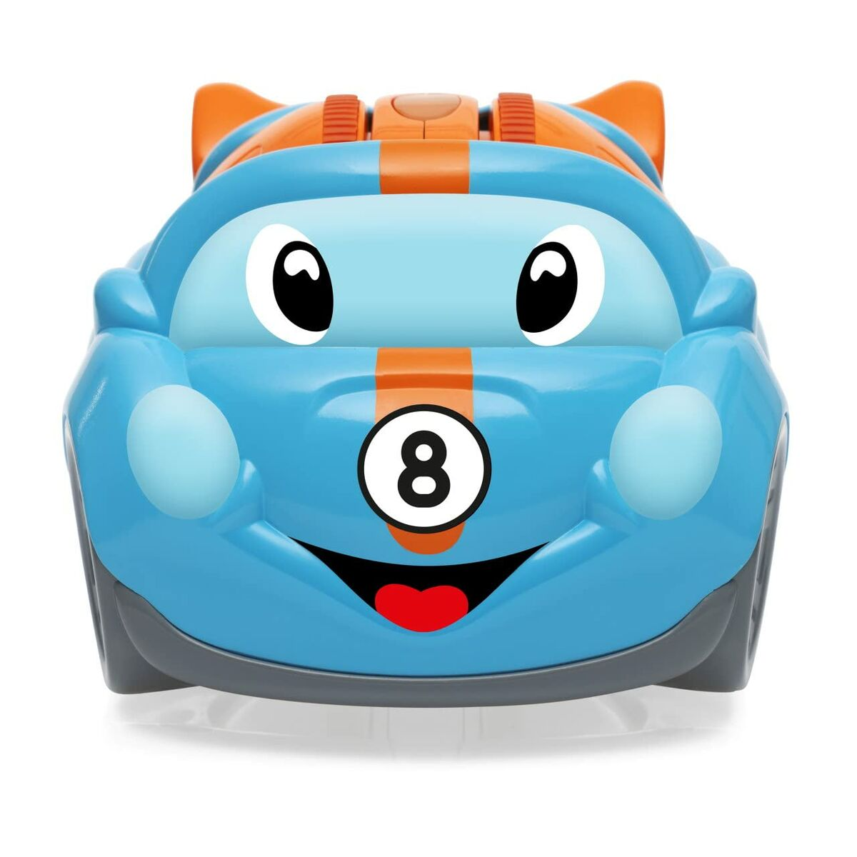 Un coche de juguete azul con detalles naranjas, ojos grandes y un "8".