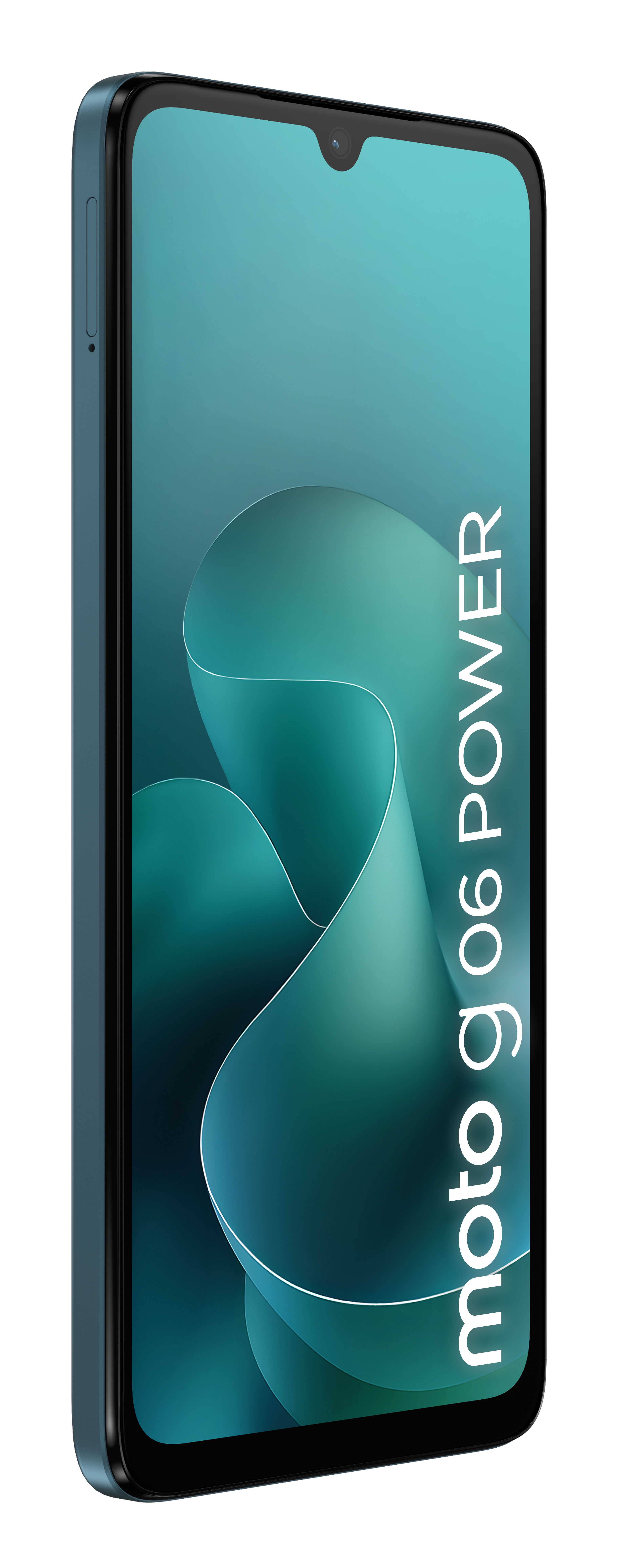 Ein tealblaues Smartphone zeigt "moto g 06 POWER" auf dem Bildschirm vor tealem Hintergrund.