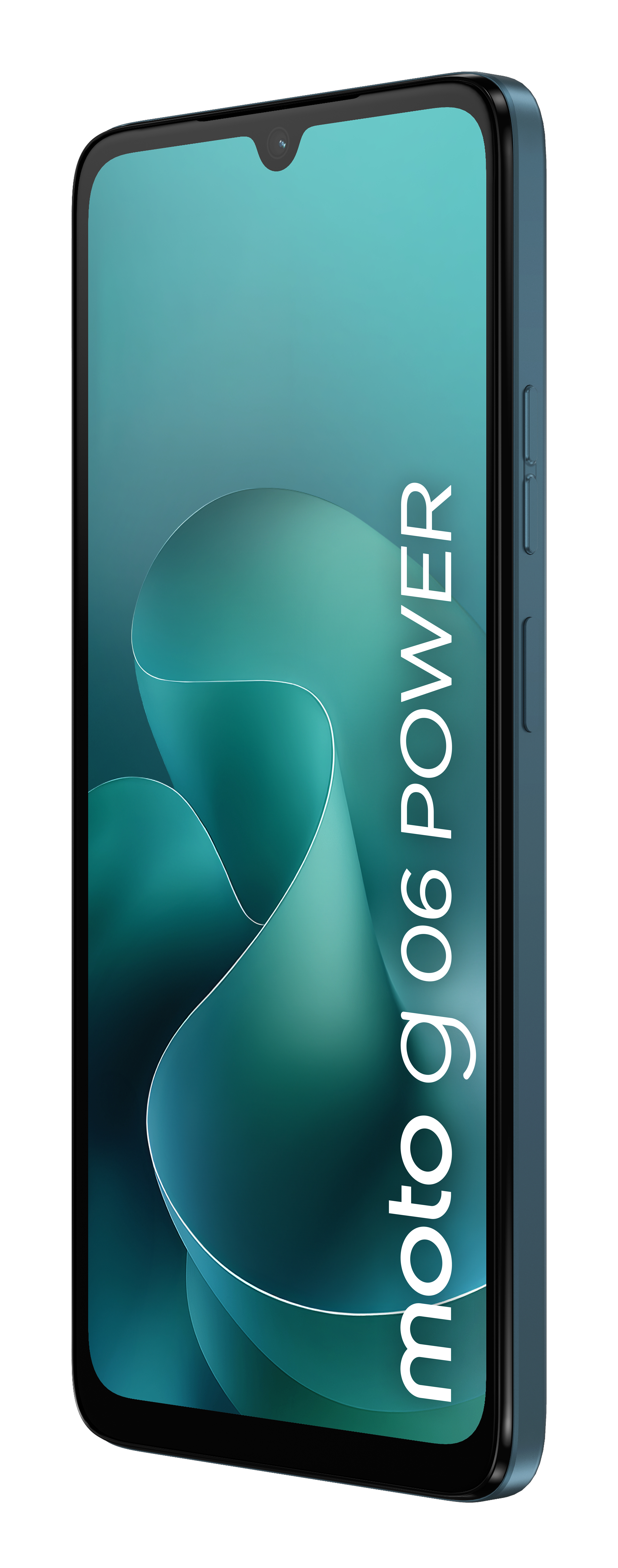 Ein blaues Motorola Smartphone mit dem Schriftzug 'moto g 06 POWER' auf dem Bildschirm.