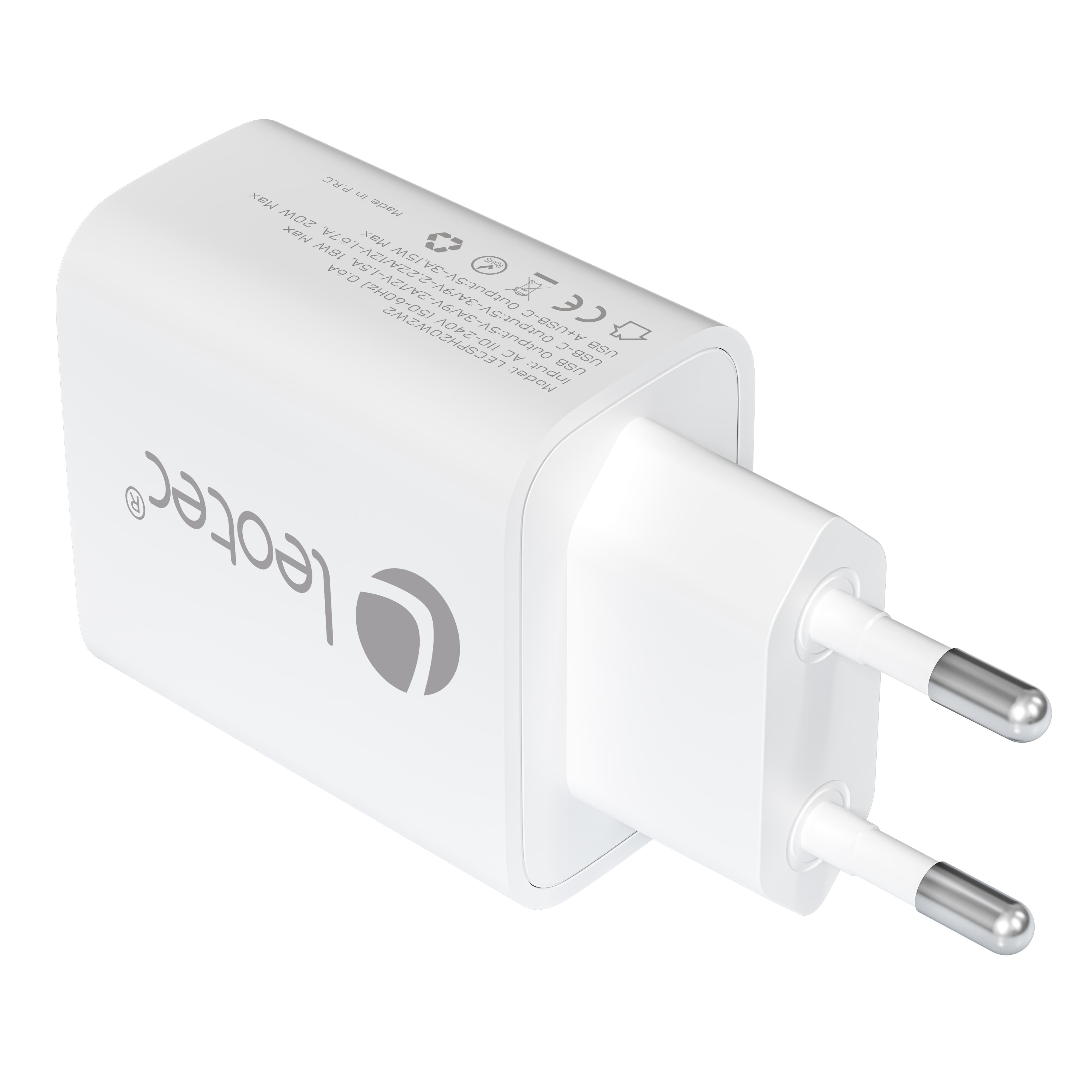 Una spina caricatore Leotec bianca con porte USB-C e USB-A. L'etichetta mostra le specifiche.