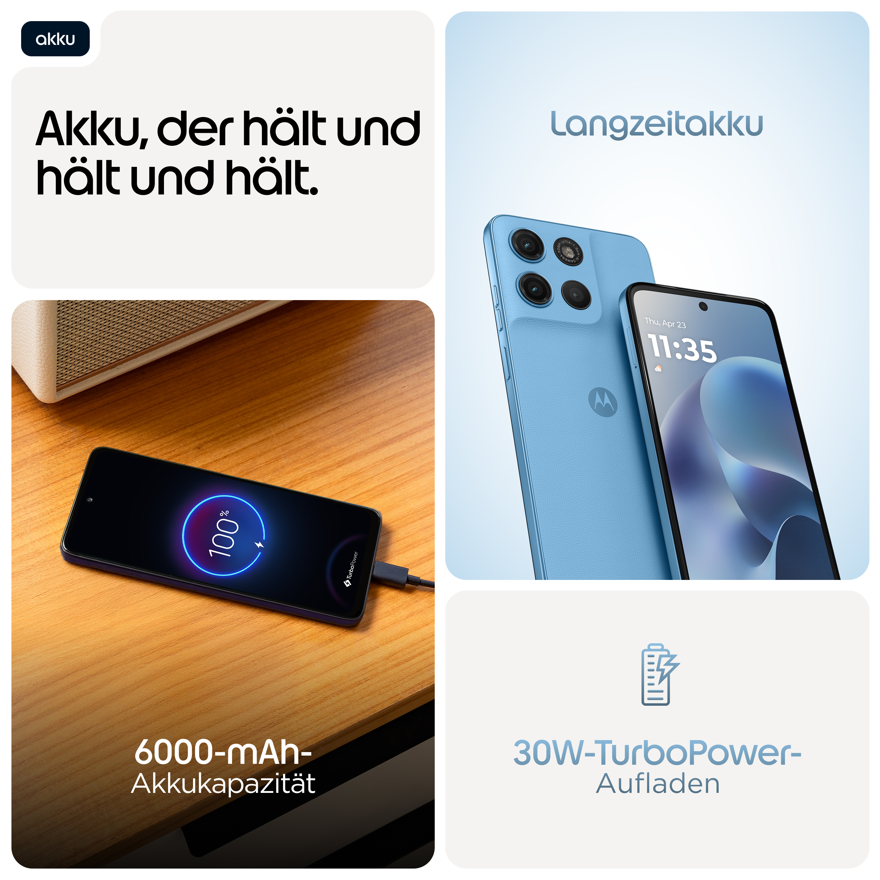 Un telefono blu si sta caricando, batteria da 6000mAh e TurboPower da 30W.