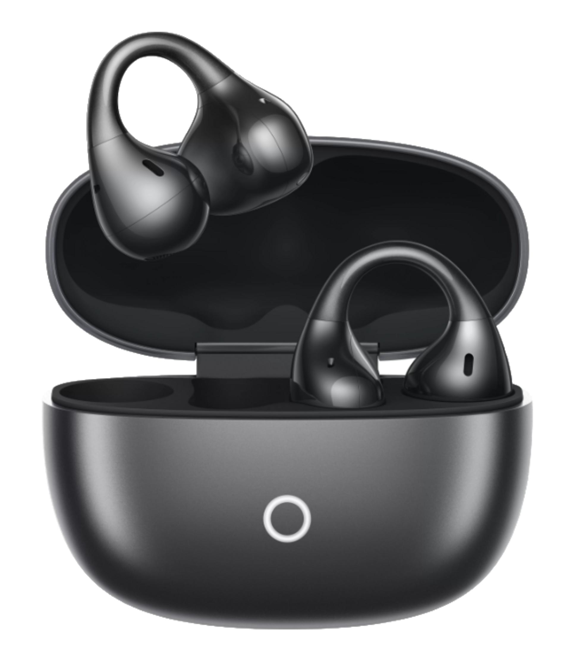 Auricolari wireless neri in una custodia di ricarica aperta con luce anulare.