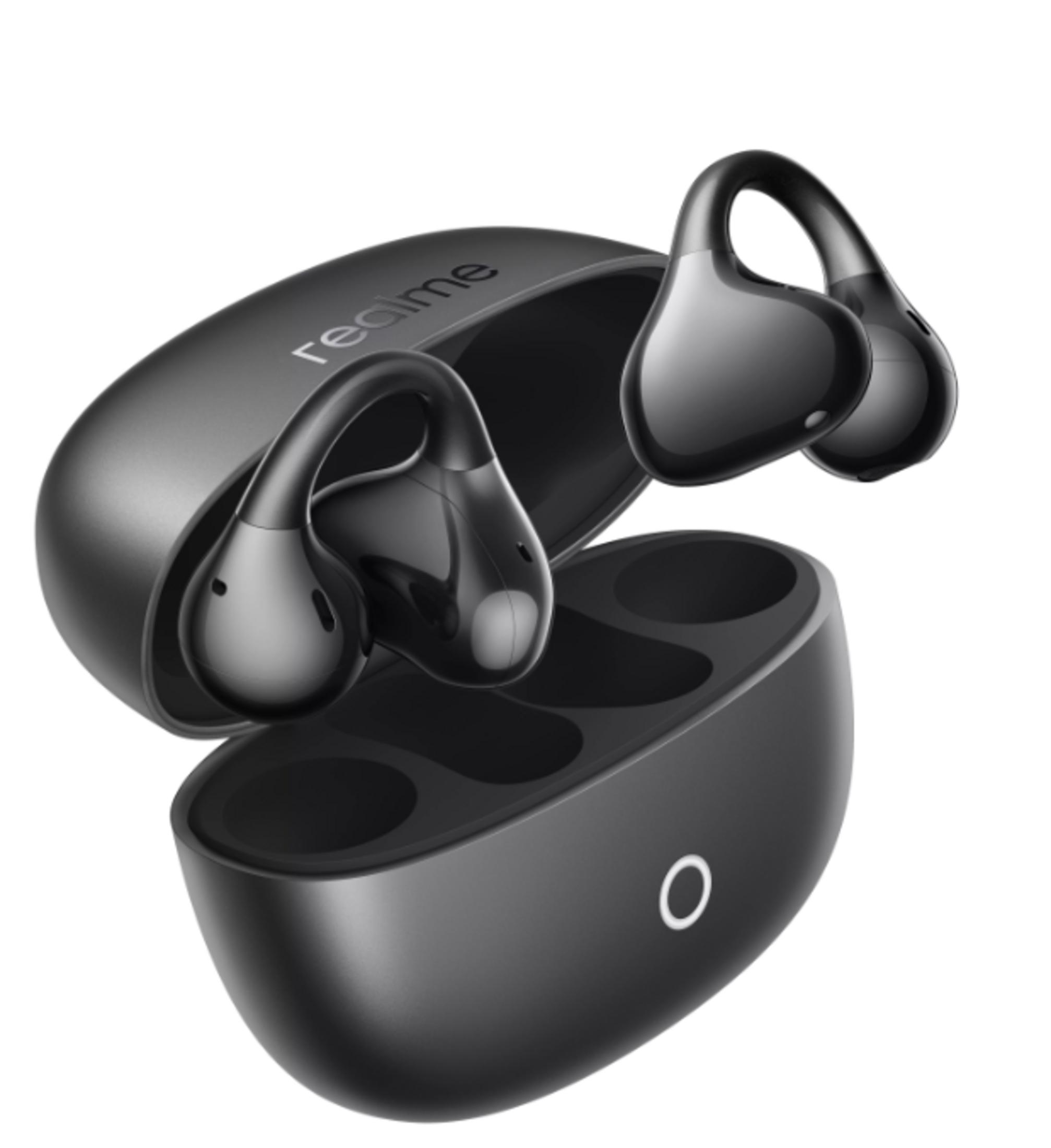 Auricolari wireless neri con custodia di ricarica, logo Realme.