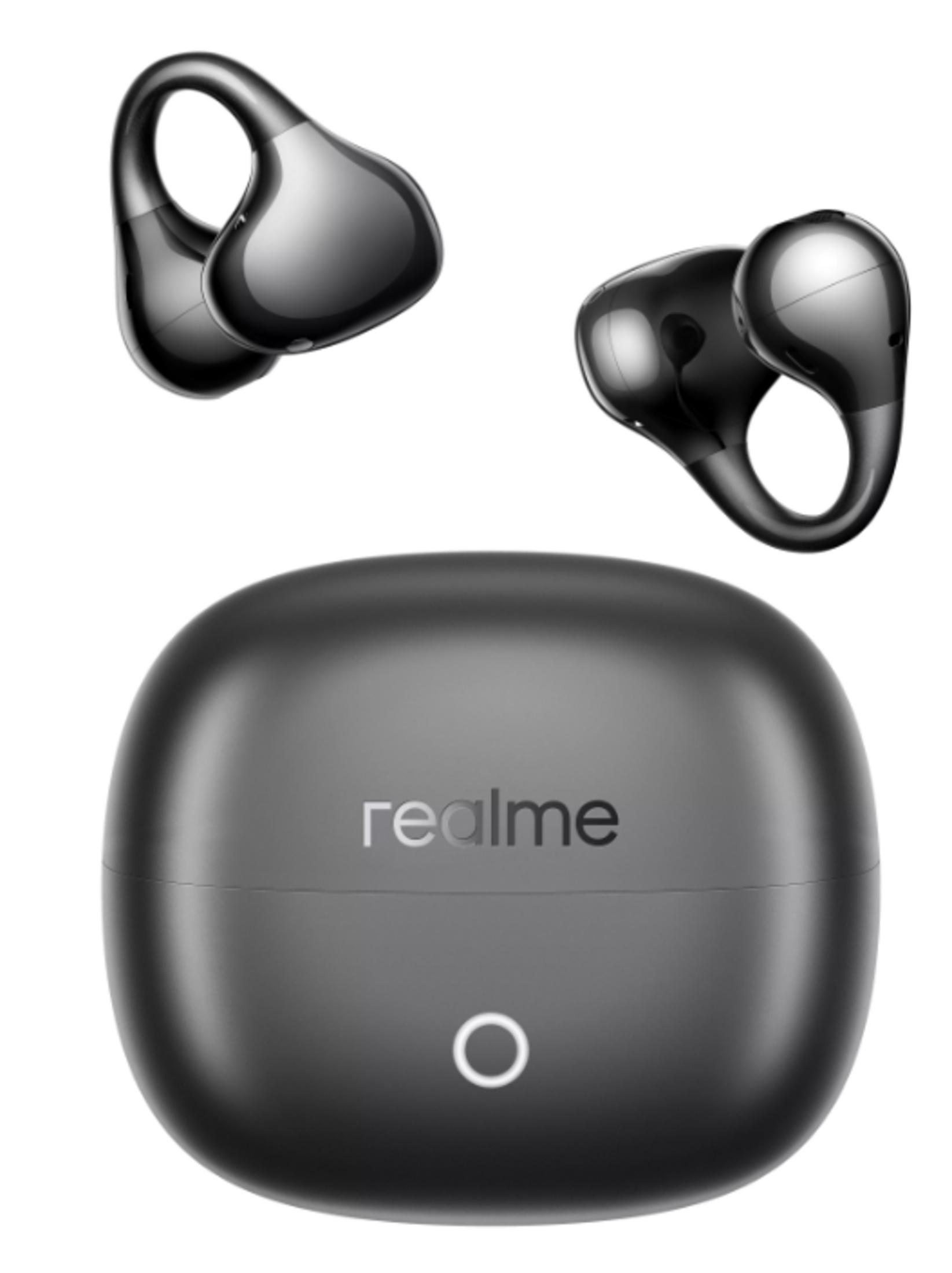 Tre auricolari wireless neri con custodia di ricarica, logo Realme.
