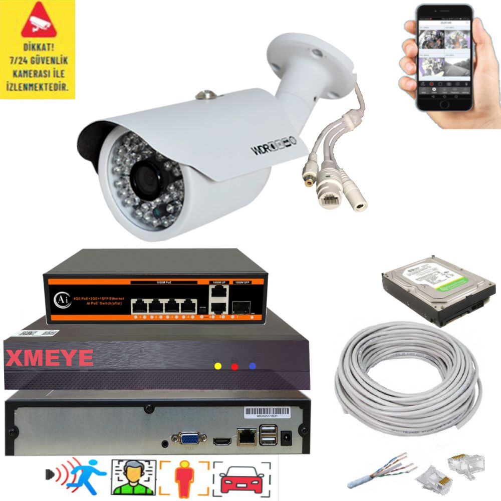 NVR, switch, sabit disk, kablo ve mobil uygulama içeren güvenlik kamerası seti.
