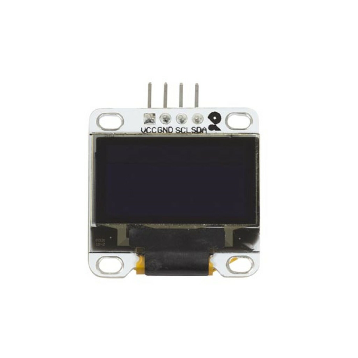 Ein kleines schwarzes OLED-Display-Modul mit drei Pins und Beschriftungen.