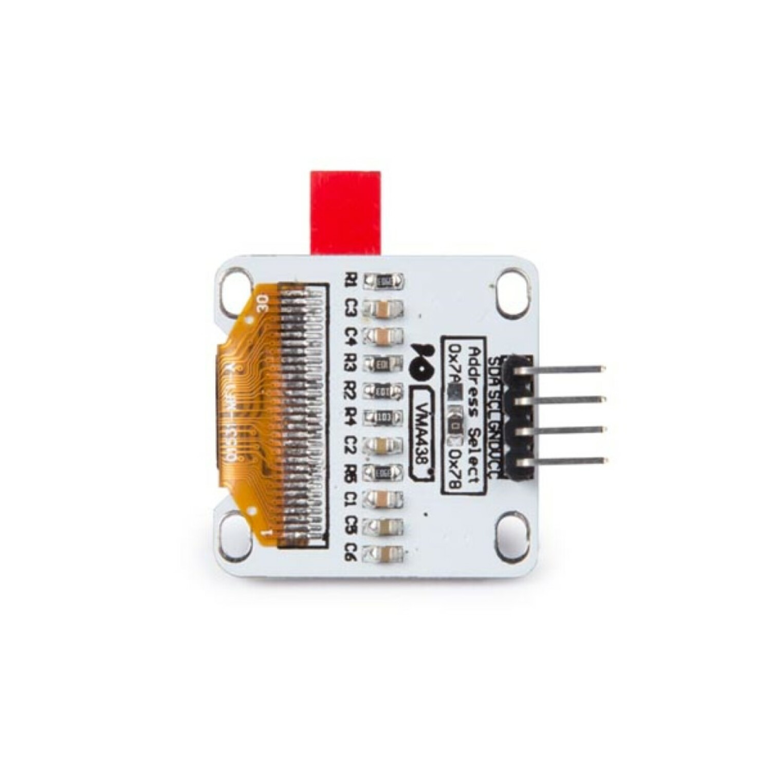 Ein weißes Modul mit einem roten Stecker, Leiterbahnen und Pins.
