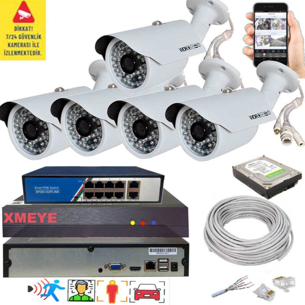 Dört kamera, PoE switch, sabit disk, kablolar ve akıllı telefon içeren güvenlik kamerası seti.