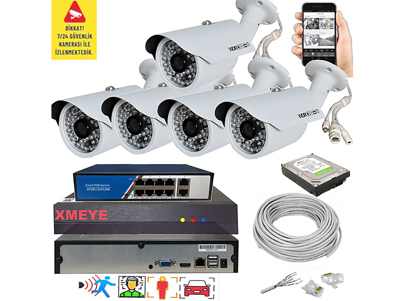 BISES 5'li Yapay Zeka Destekli 5 MP 1940P Görüntü POE Bağlantılı 48 Ir Led Gece Görüş 748P IP Kamera Seti Beyaz