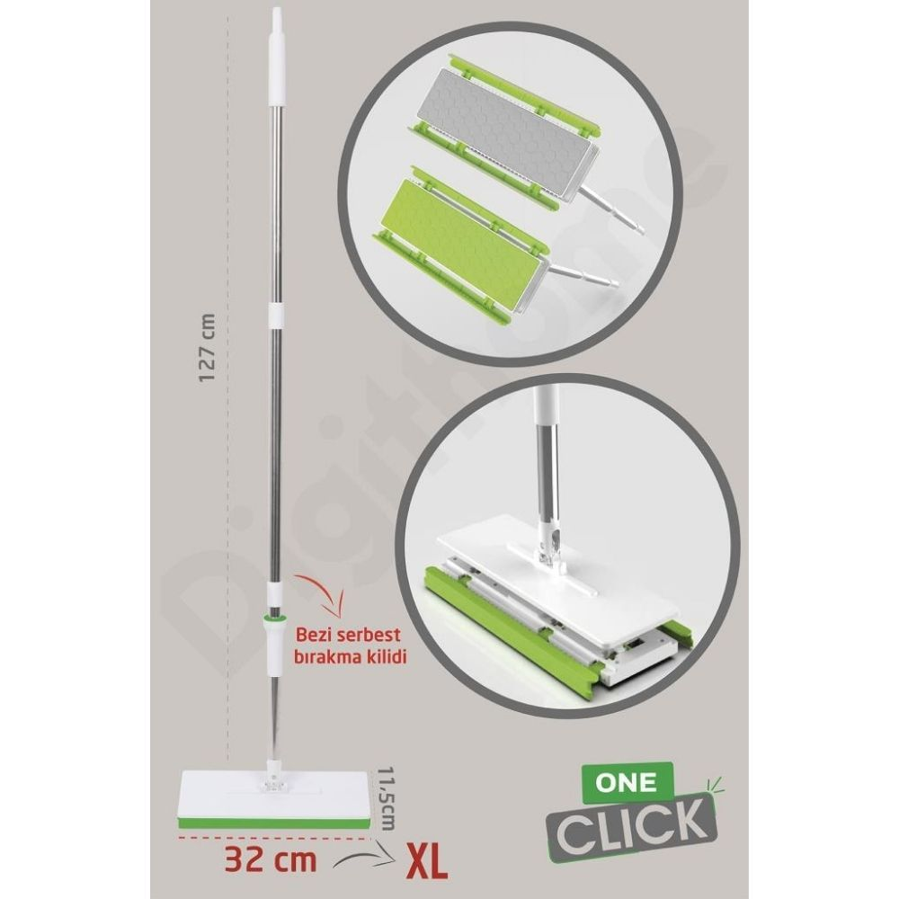 Gümüş saplı, yeşil tabanlı, beyaz bezli bir paspas. Boyutlar: 127cm, 32cm.