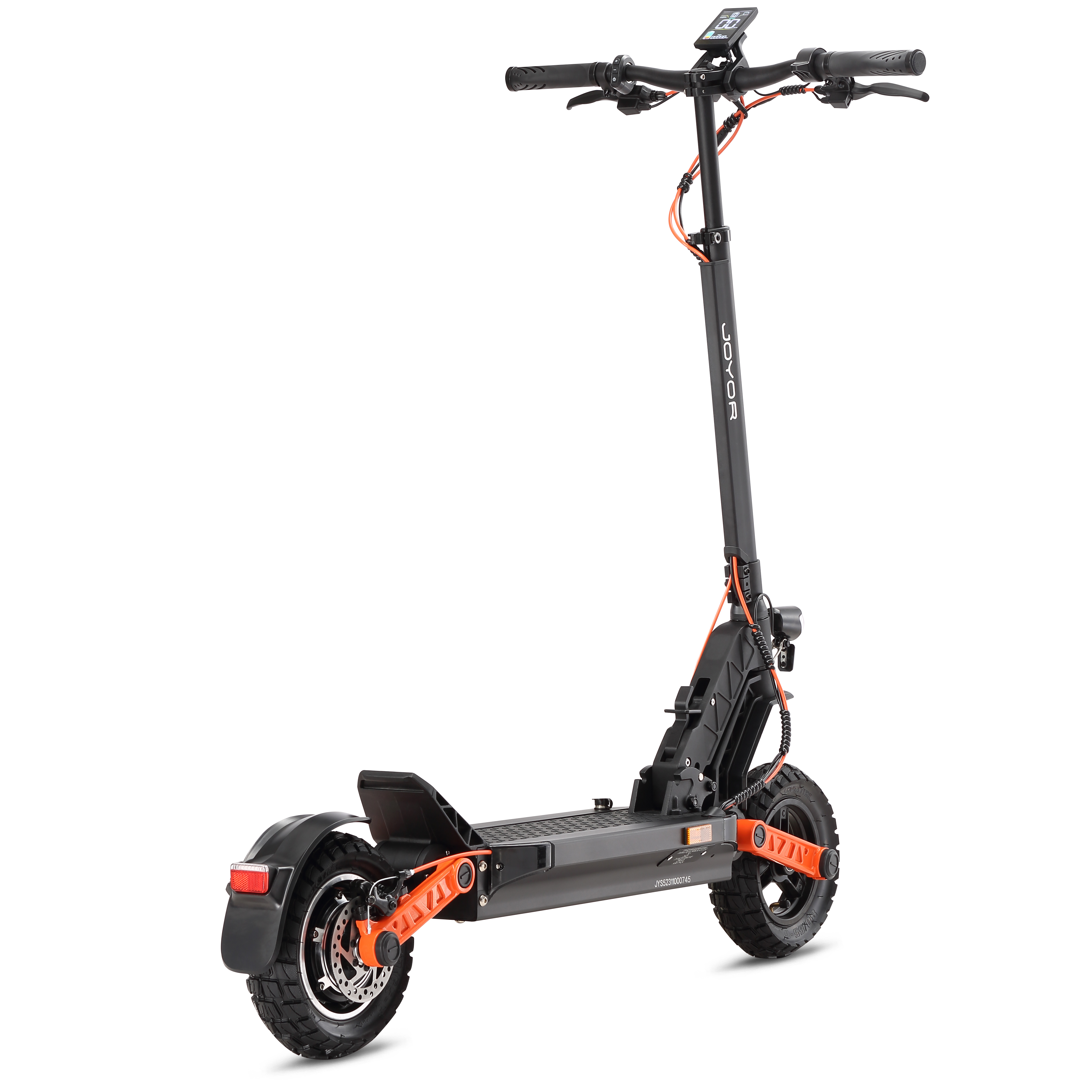 Schwarzer Elektroroller mit orangefarbenen Akzenten und breiten Reifen.