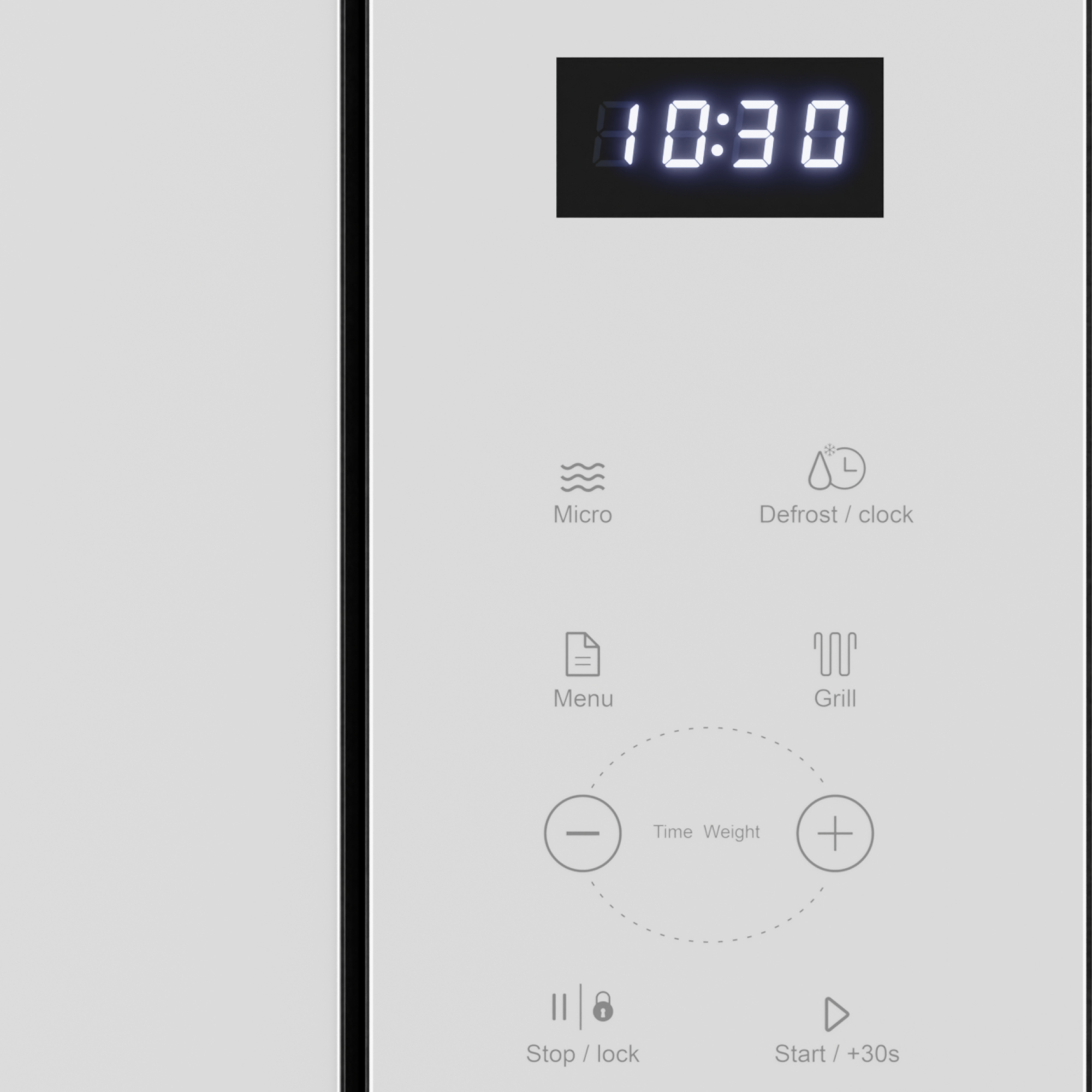 Mikrowellen-Bedienfeld mit Digitaluhr 10:30 und Funktionstasten.