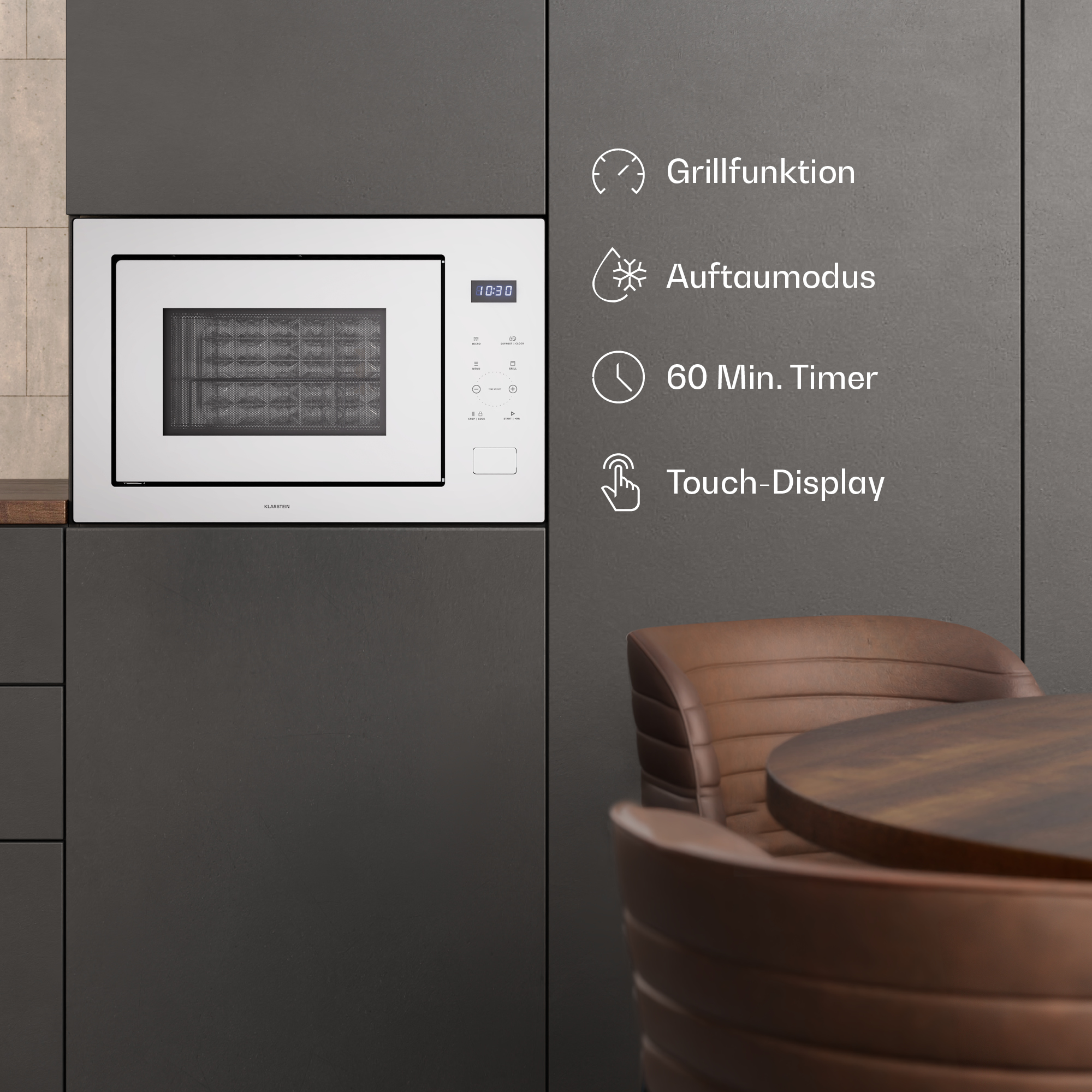 Weiße Mikrowelle mit Touch-Display, Grillfunktion, Auftaumodus, 60-Min-Timer.