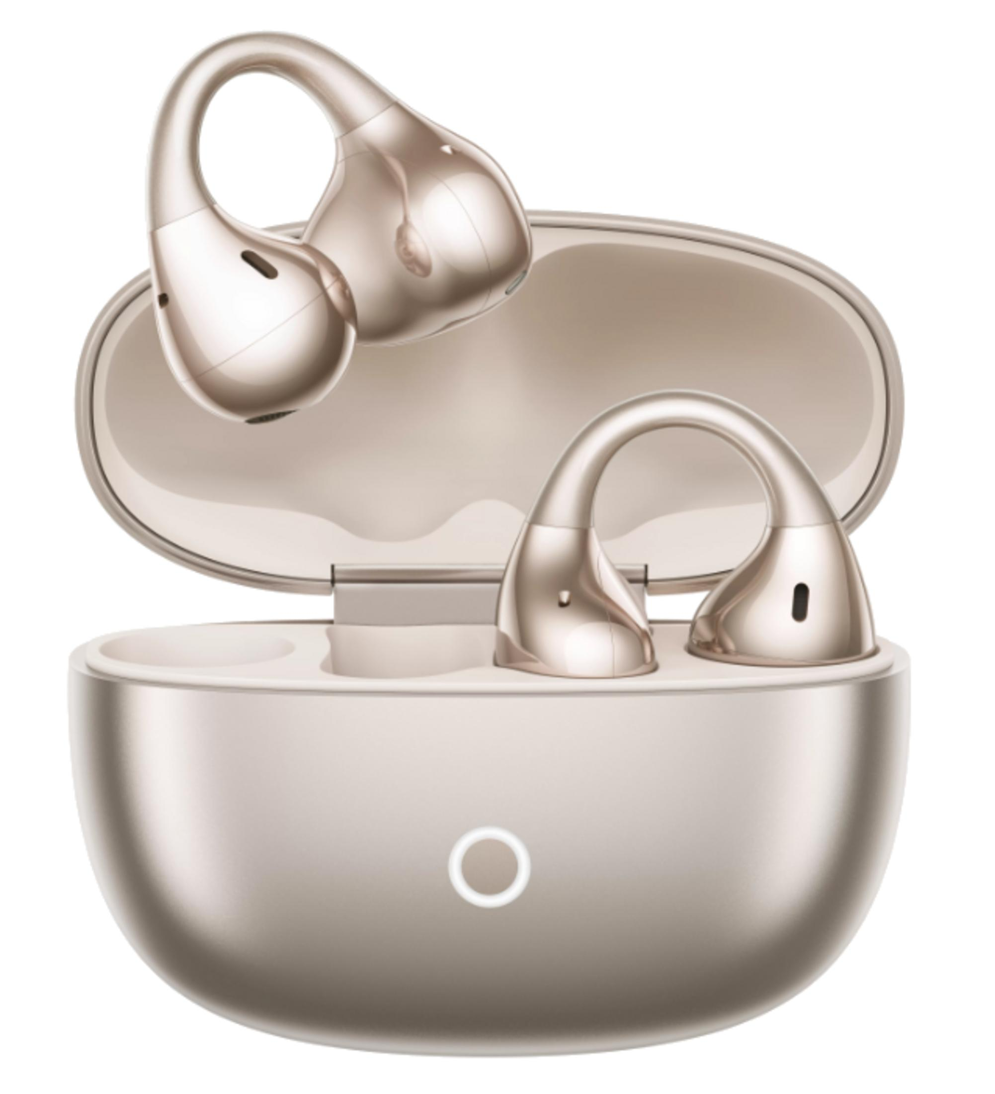 Auricolari wireless dorati in una custodia di ricarica aperta con cerchio bianco.