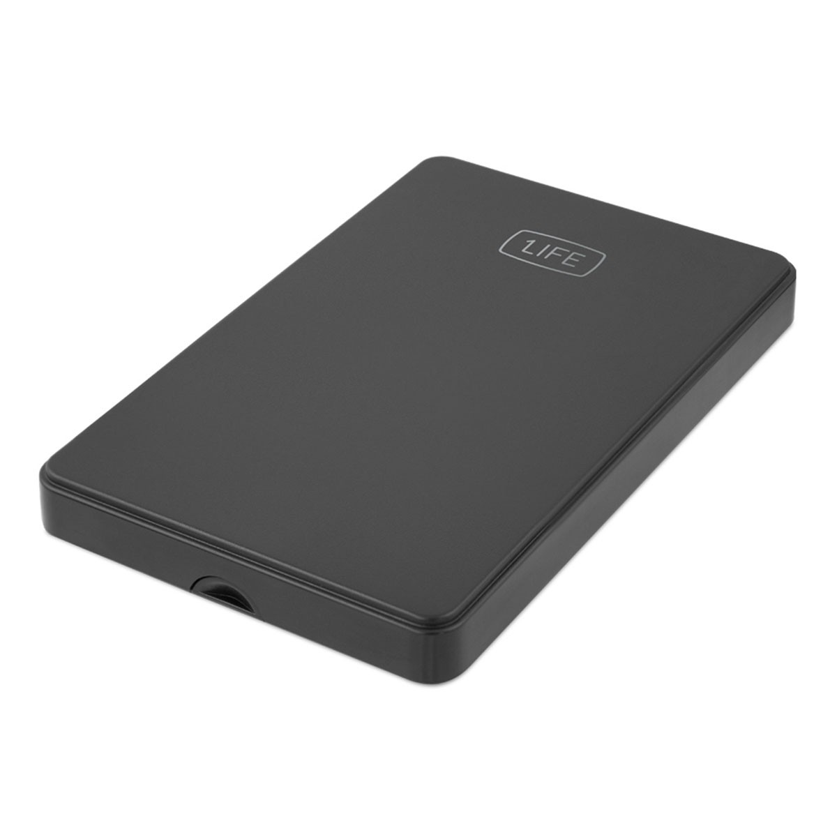 Un hard disk esterno nero con il logo 1LIFE sulla sua superficie.