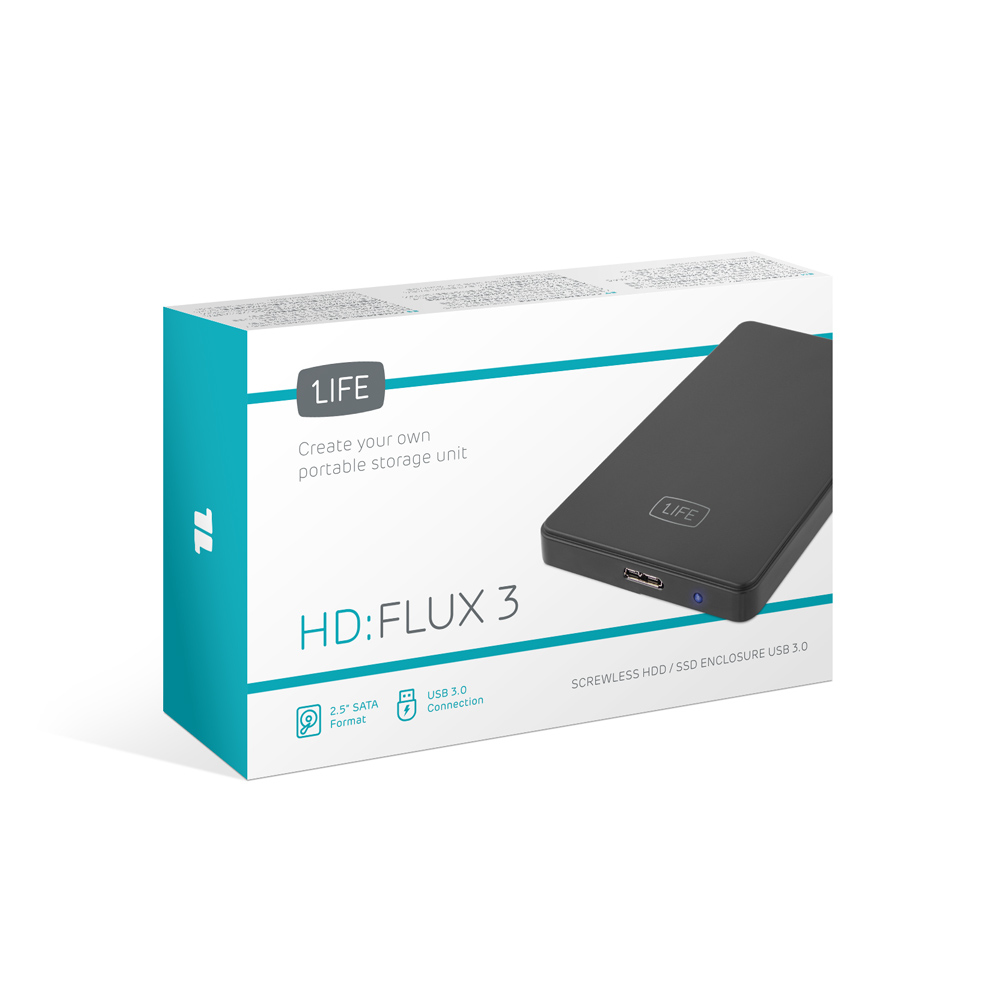 Case nero per hard disk con logo LIFE e porta USB 3.0.