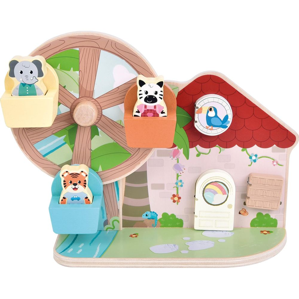 Holzspielzeug mit Riesenrad, Elefant, Zebra, Tiger, Haus und Vogel.