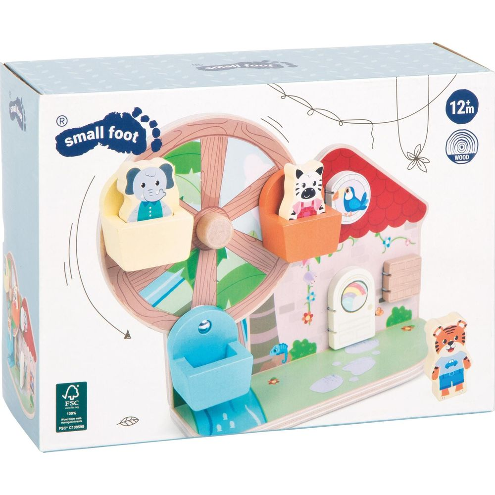 Holzspielzeug-Riesenrad mit Tiermotiven und Haus. Ab 12 Monaten.