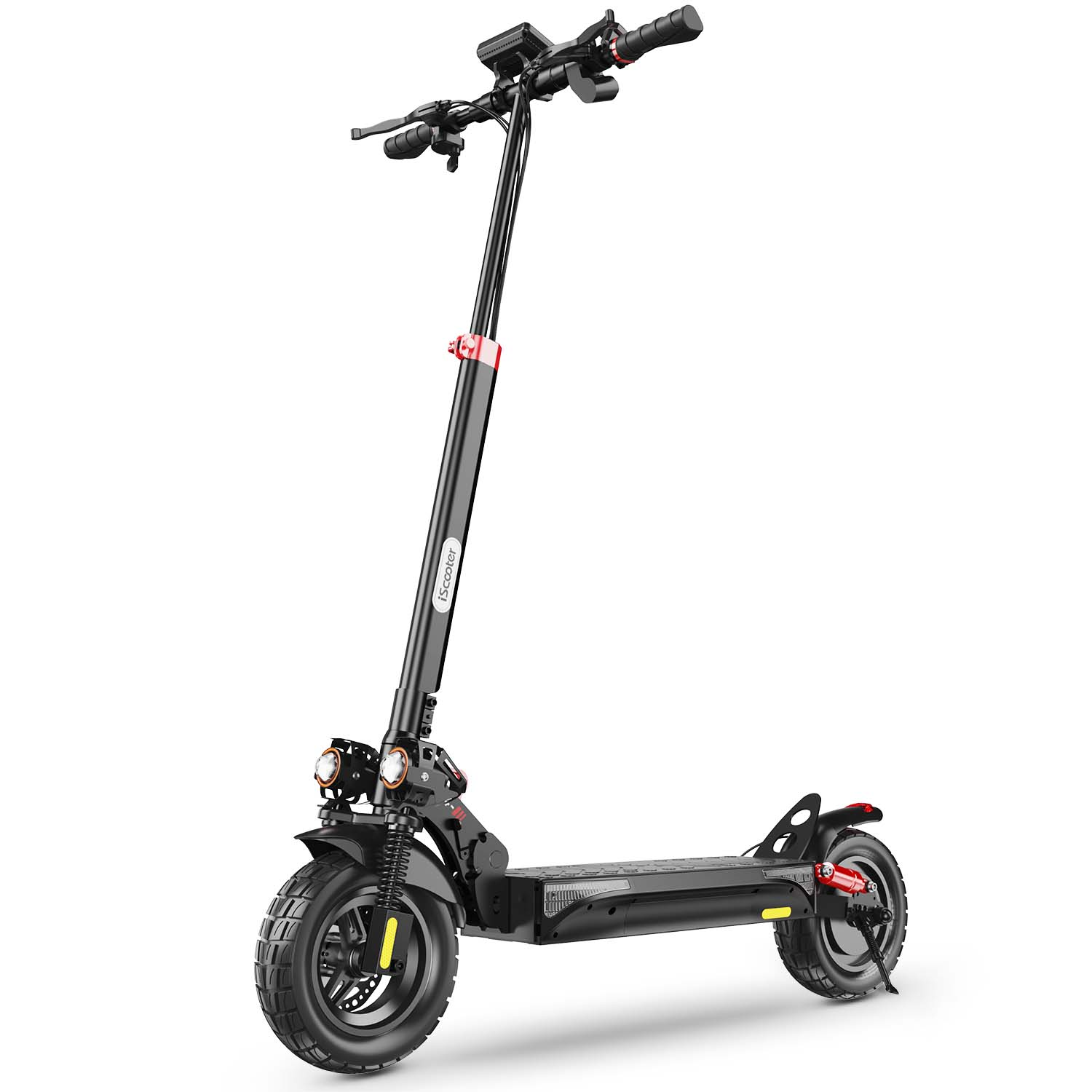 Uno scooter elettrico nero con pneumatici larghi, doppio faro e display.