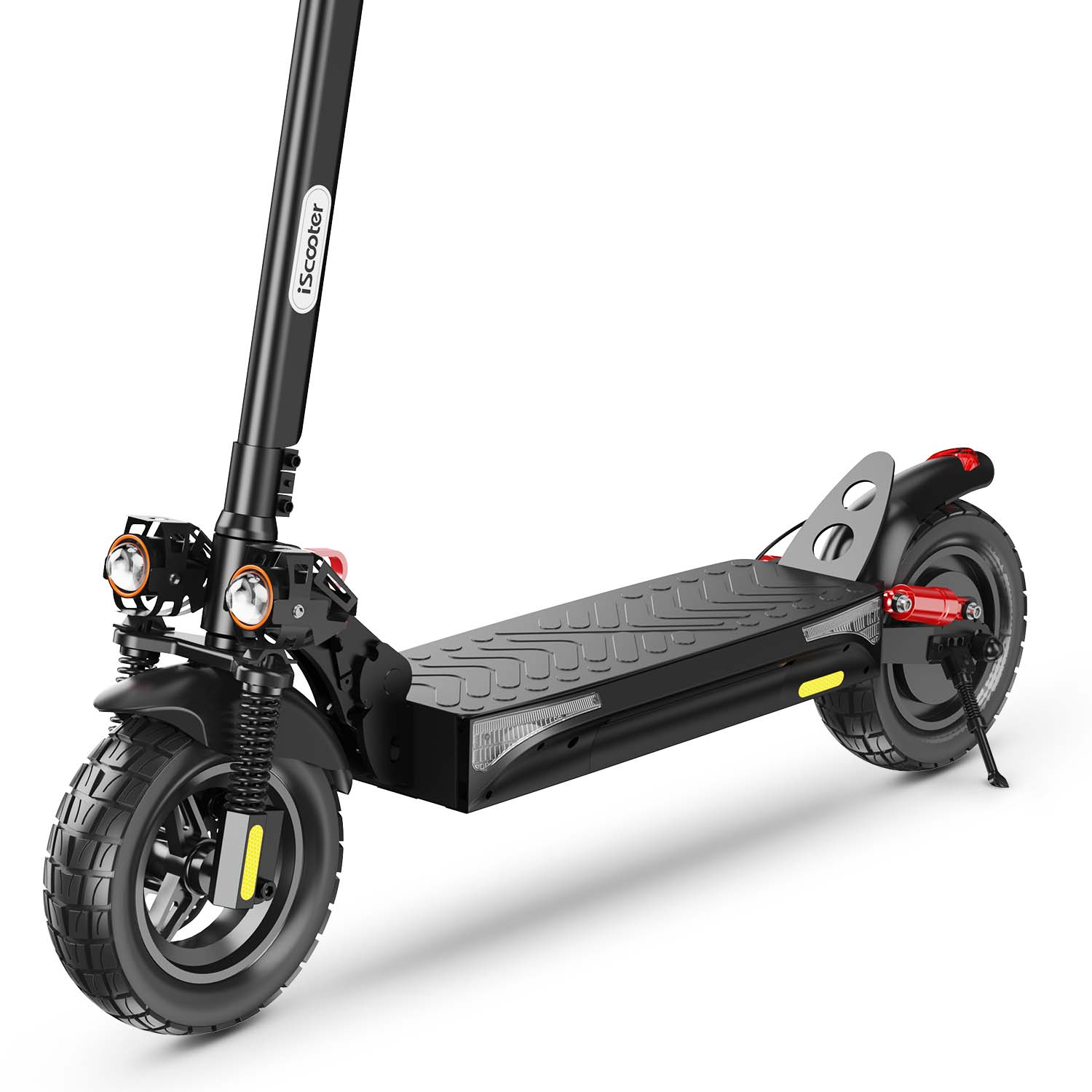 Un monopattino elettrico iScooter nero con doppio faro e pedana testurizzata.