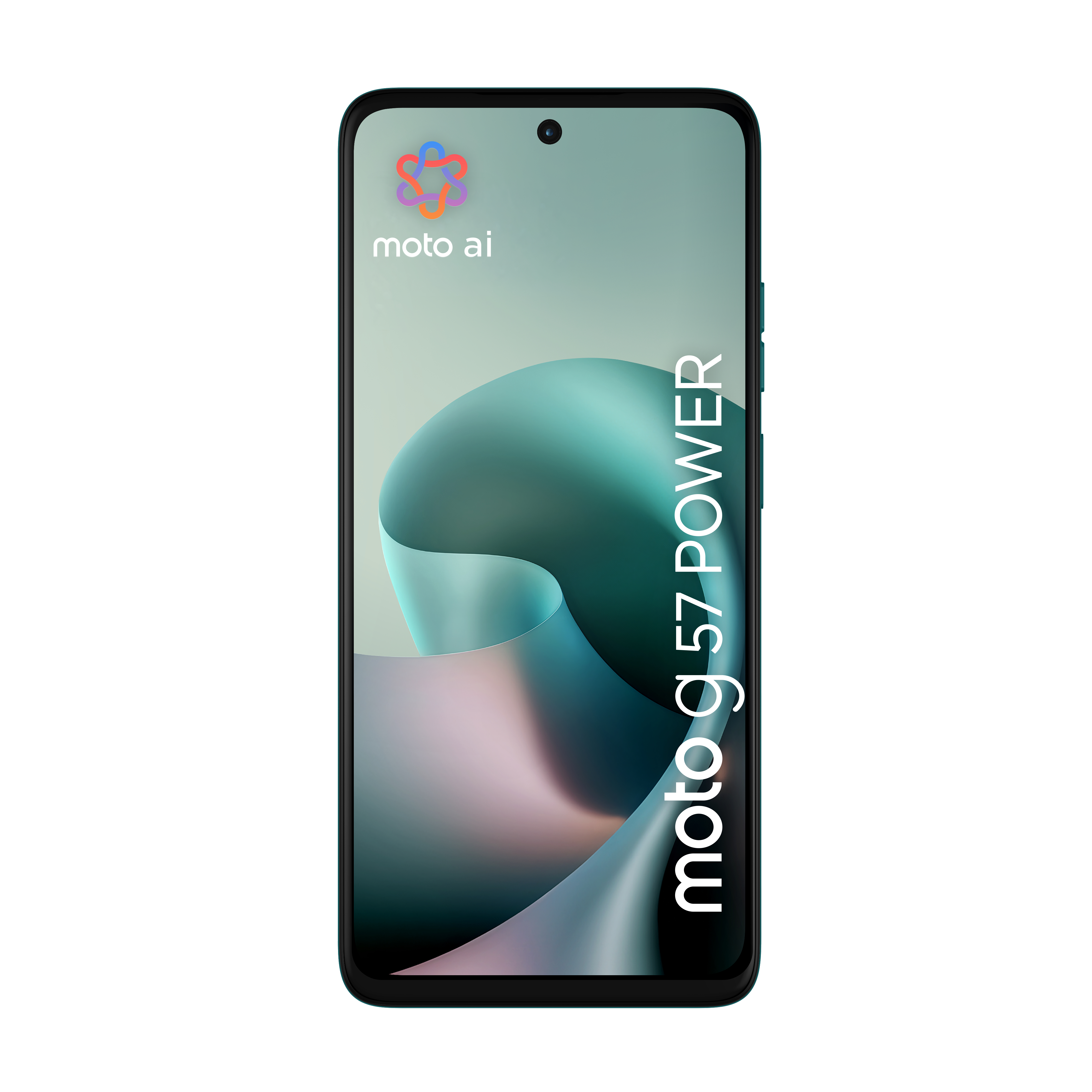 Ein Smartphone mit einem abstrakten Hintergrund und dem Moto AI-Logo.