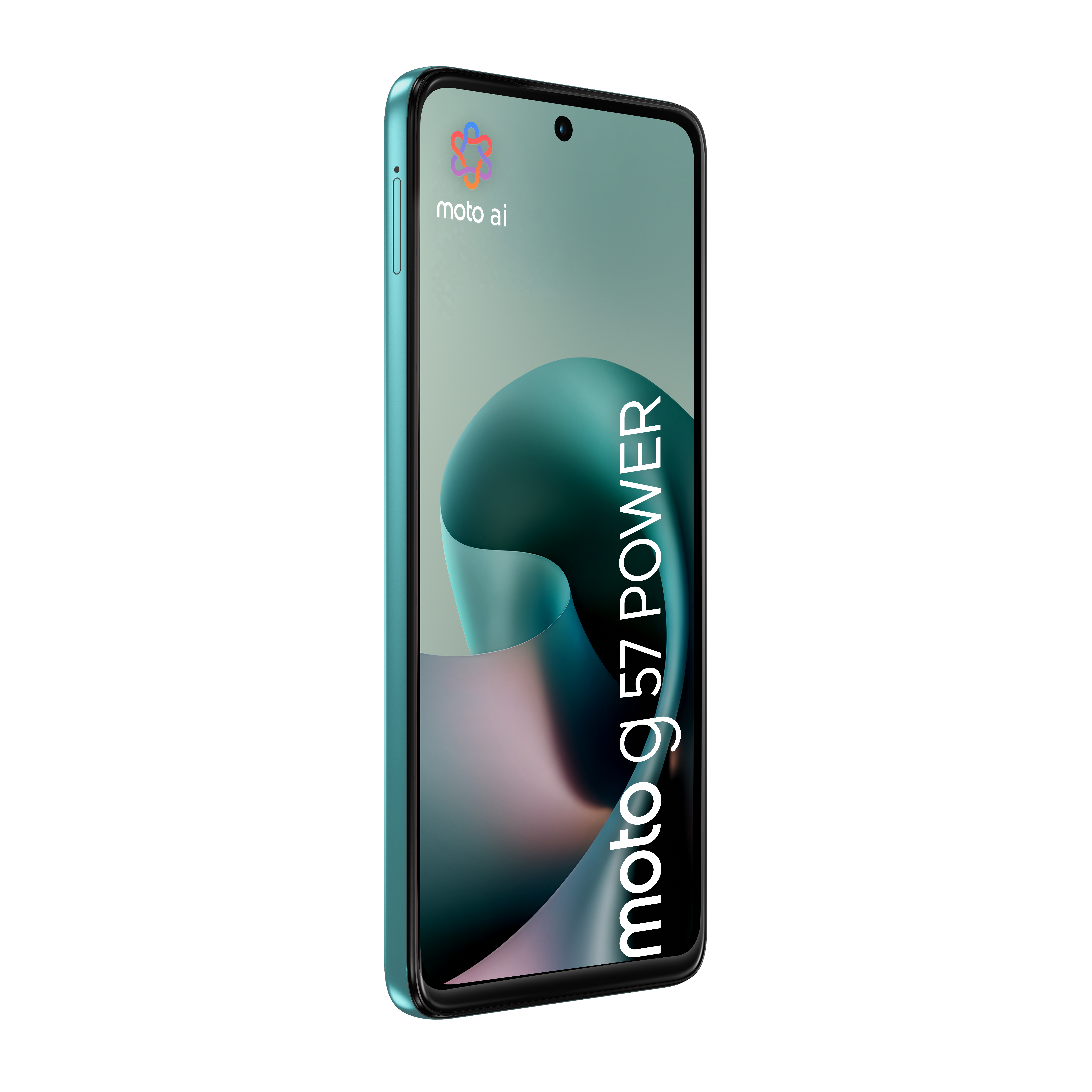 Ein türkisfarbenes Motorola Smartphone mit „moto g 57 POWER“ Aufschrift auf dem Bildschirm.