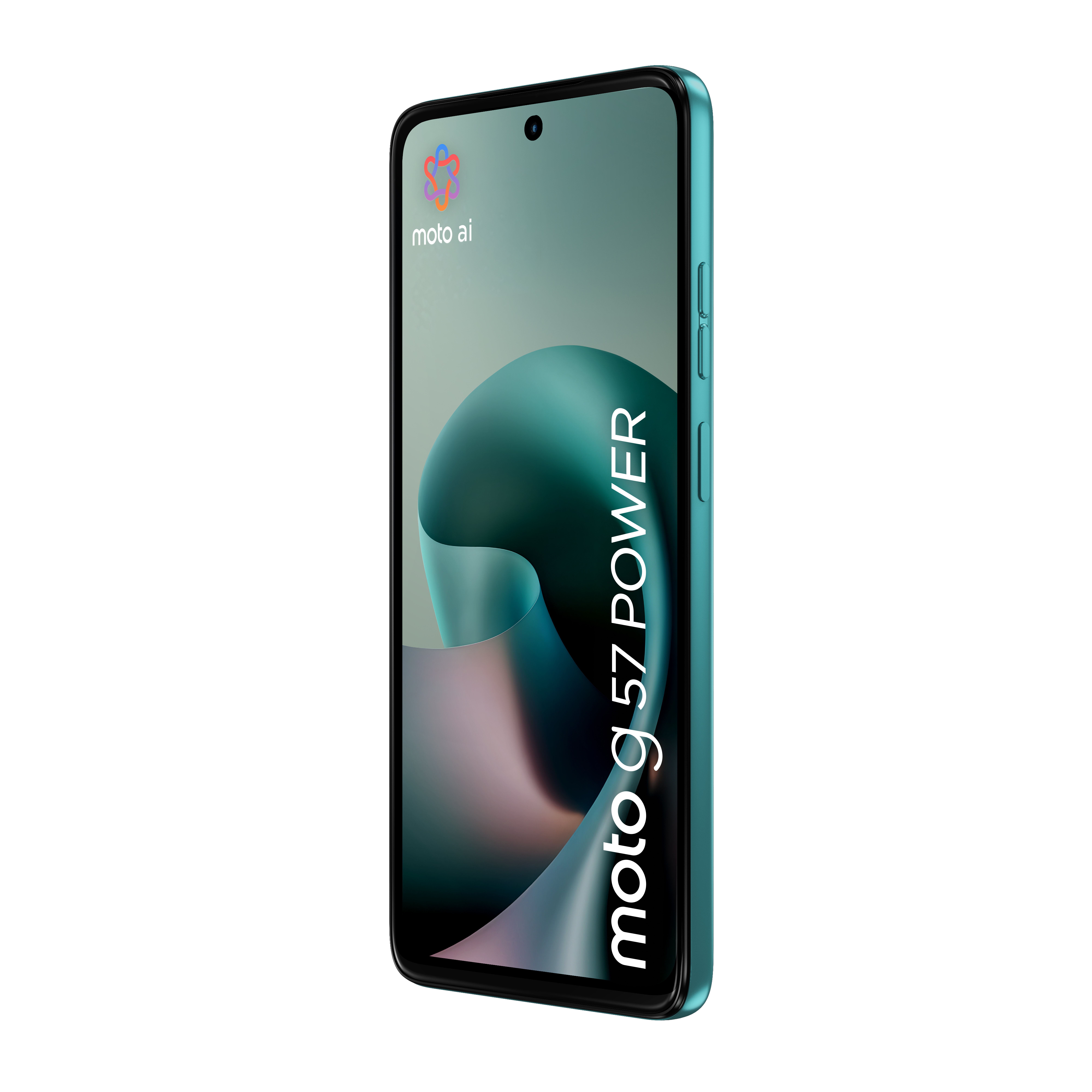Ein türkisfarbenes Motorola Smartphone mit einem abstrakten grünen Hintergrund.