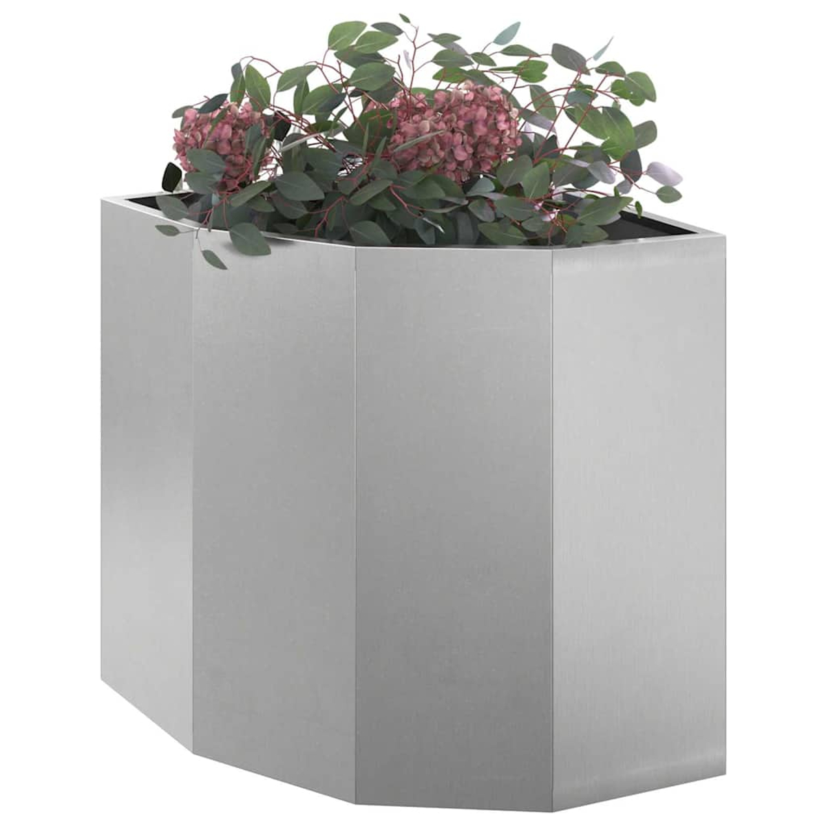 Fioriera ottagonale argentata con ortensie rosa e foglie verdi.