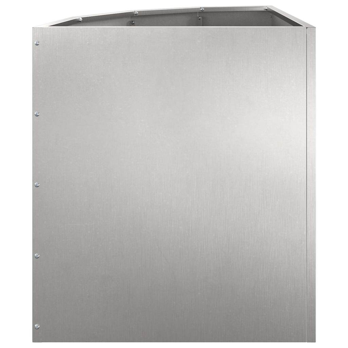 Un cubo metallico argentato con rivetti visibili sul lato.