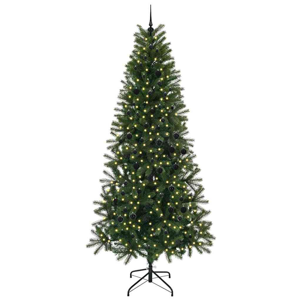 Un albero di Natale decorato con palline nere e luci su sfondo bianco.