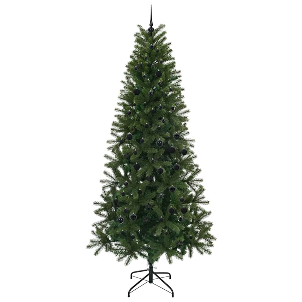 Un albero di Natale artificiale decorato con palline nere e un puntale.