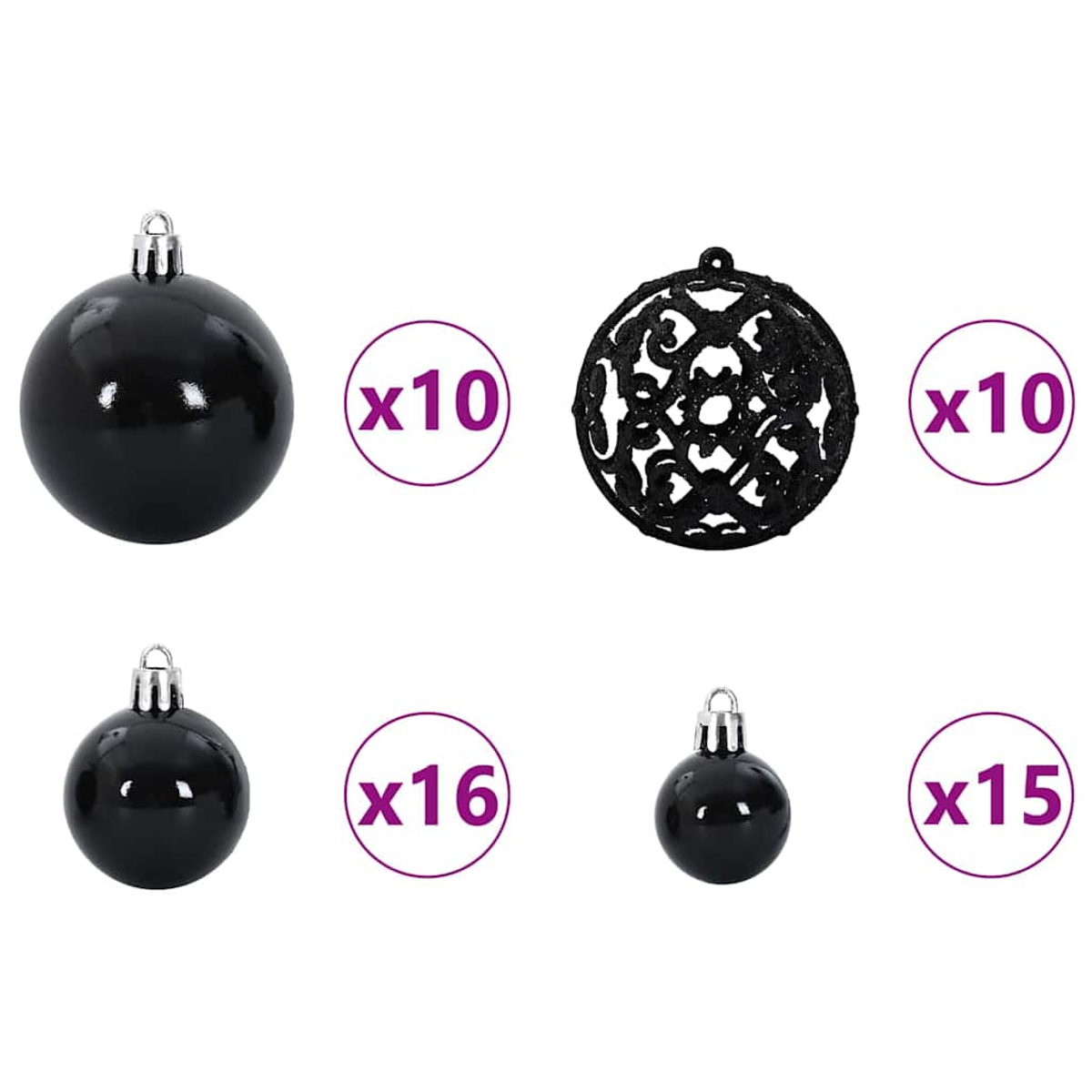 Palline di Natale nere di varie dimensioni e un ornamento decorativo.