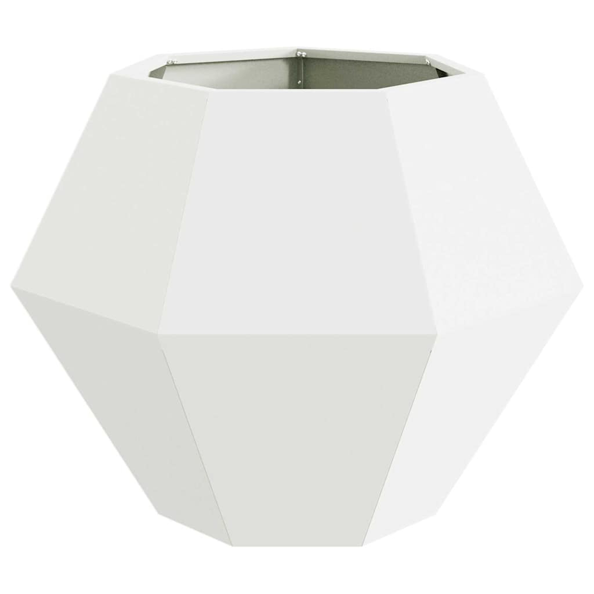 Un fioriera geometrica bianca con lati angolati e un bordo metallico.